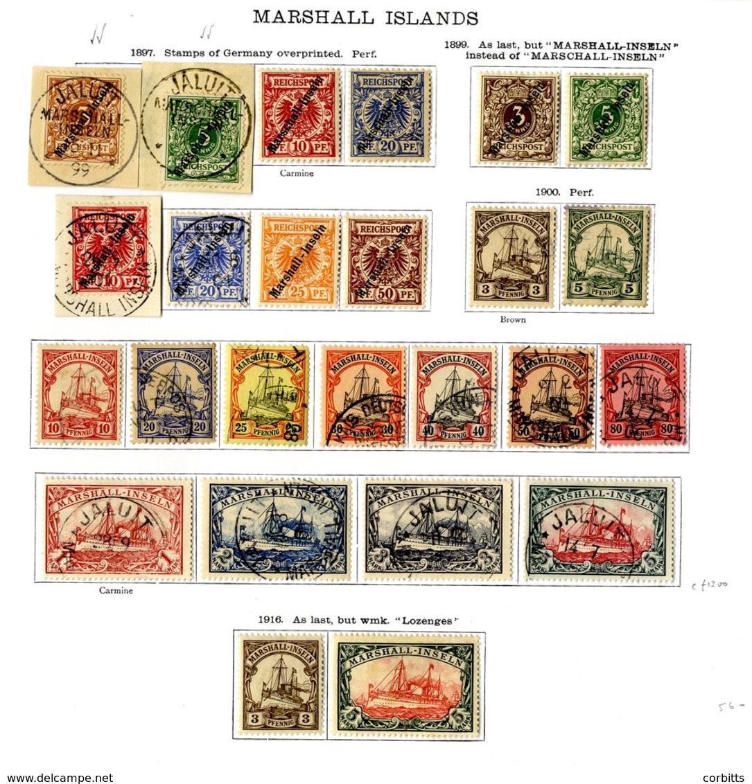 GERMAN COLONIES MARSHALL IS. 1897 Type G1 Opt. 3pf 7 5pf Each VFU On Piece, 10pf M, 20pf M, Type G2 Opt. 3pf, 5pf, 25pf  - Other & Unclassified