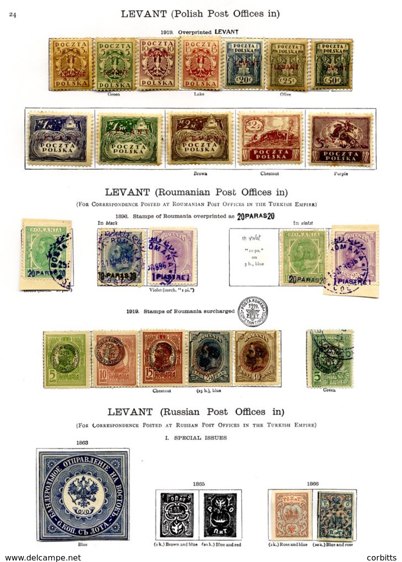 LEVANT M & U Collection Incl. Polish P.O's, 1919 Set M (tones), Romanian P.O's (11), Russian P.O's Incl. 1863 6k Blue M, - Other & Unclassified