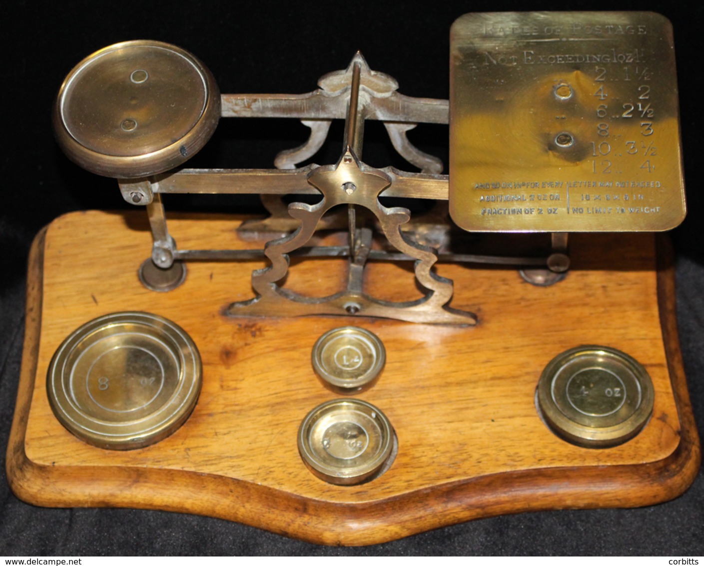 POSTAL SCALES 19thC Brass Postal Scale With Comprehensive Engraved 'Rates Of Postage' Platform On Serpentine Walnut Base - Autres & Non Classés