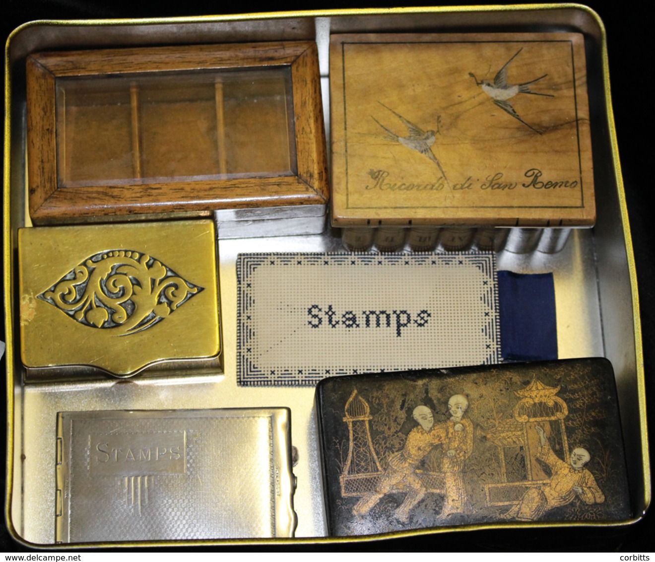 STAMP BOXES Group Incl. Examples With Glass Top, Chinese Painted Lacquer, Sorrento Wove American Brass Marked Bradley &  - Other & Unclassified