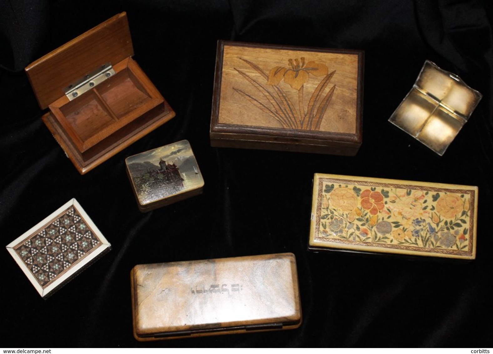 STAMP BOXES Group Of Various Wooden & Metal Stamp Boxes With Chinese Pewter Top Arts & Crafts, Fine Wooden Three Compart - Autres & Non Classés