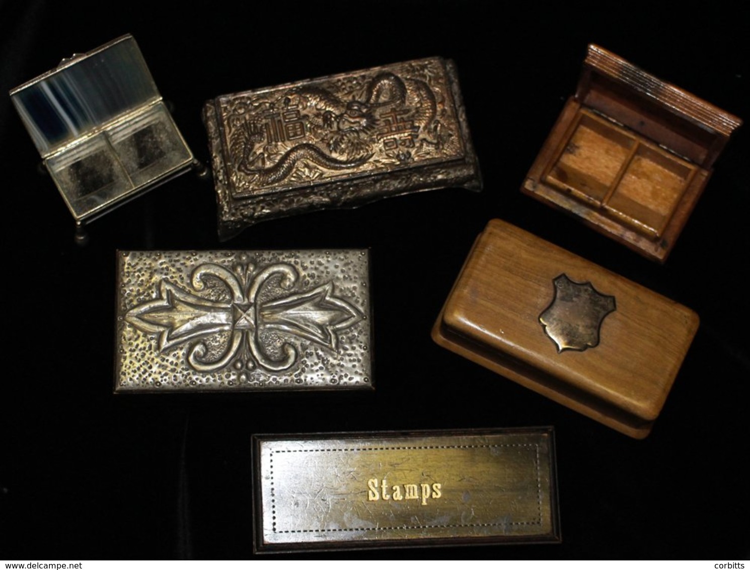 STAMP BOXES Interesting Group (mainly Wooden), One Indian With Ornate Stone Marquetry, Swiss With Painted Lid Of Chillon - Other & Unclassified