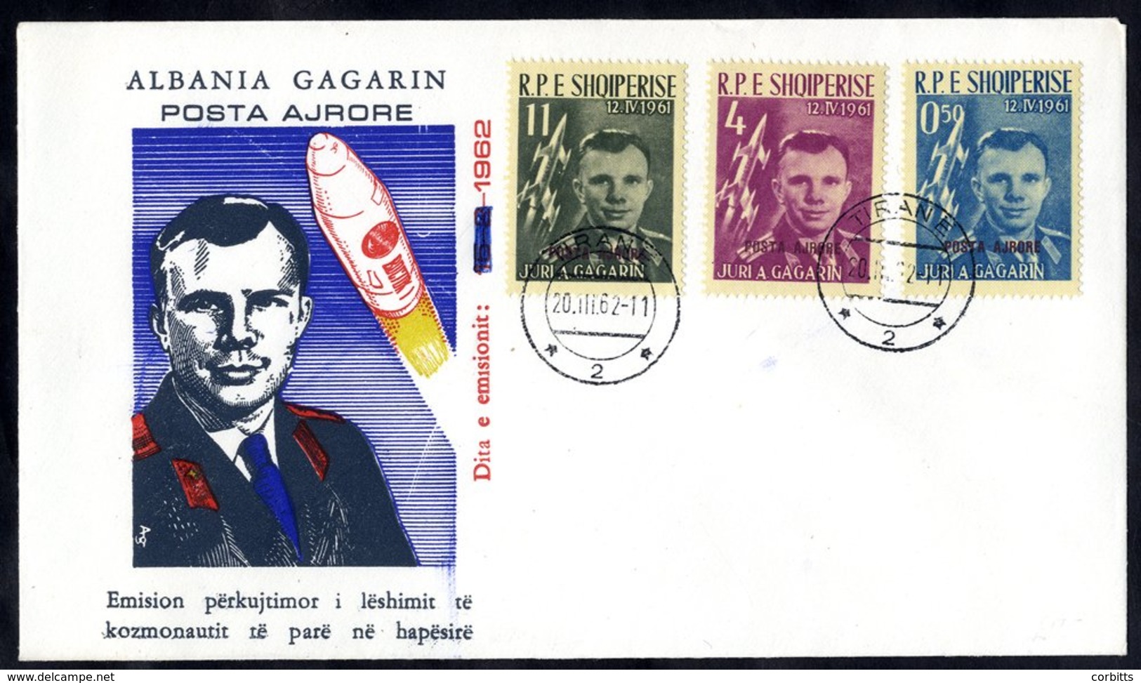 SPACE Albania 1962 Yuri Gagarin Set Of Three With Red Overprints Together On A Illustrated Commemorative Cover, SG.691/3 - Autres & Non Classés