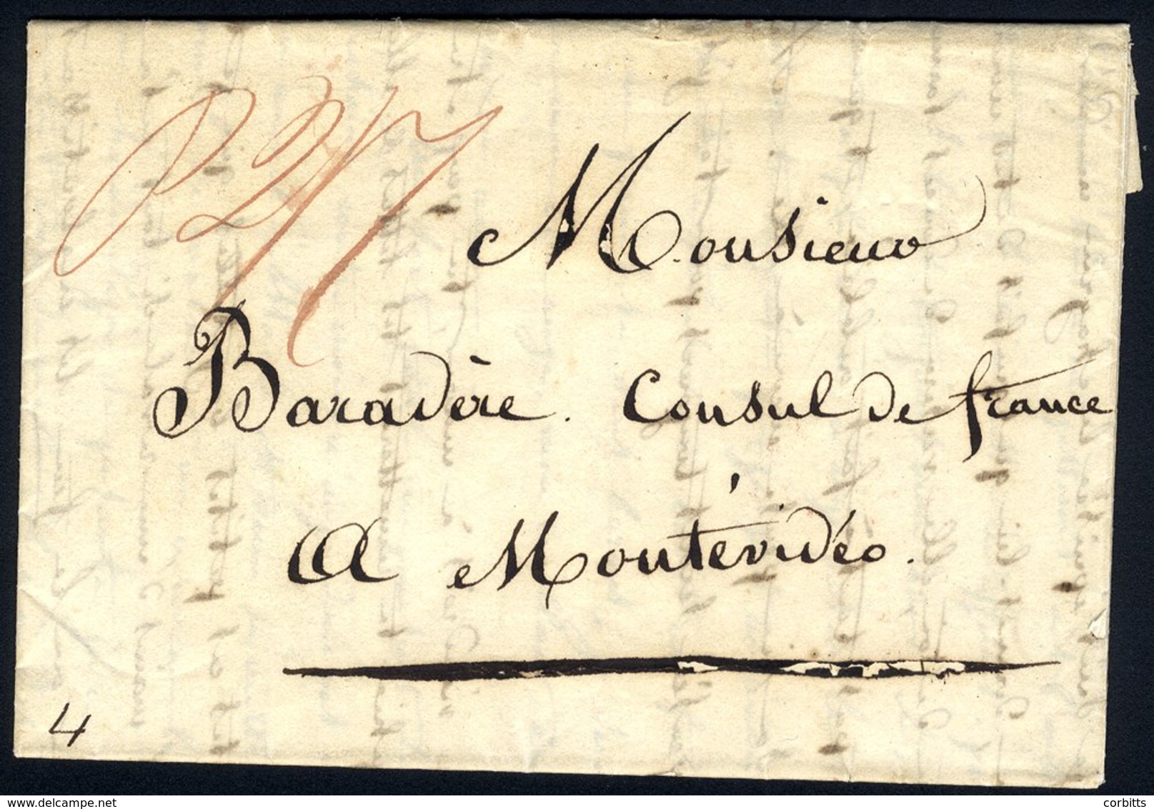 TRANSATLANTIC MAIL 1833 Pre-paid Ship Letter From Falmouth To Montevideo Showing M/s 'P 2/7' Endorsement In Red - Scarce - Autres & Non Classés