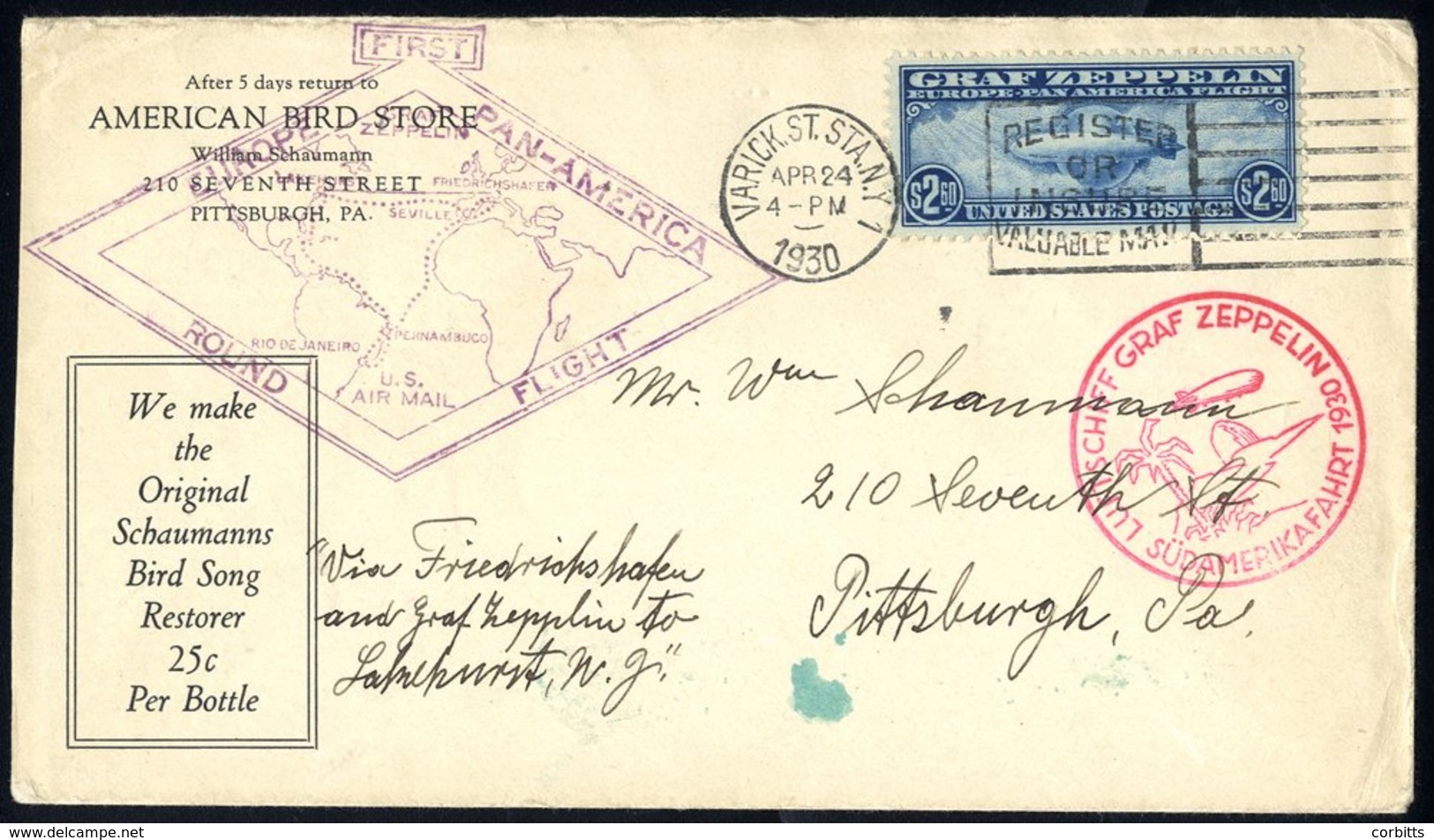 1930 Europe - Pan-Am Flight USA Acceptance Envelope New York - Pittsburg, Franked $2.60 Zeppelin, Bears Red 'Sugar Loaf' - Autres & Non Classés