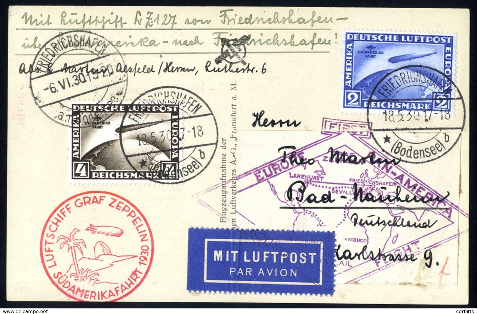 1930 Europe - Pan-Am Flight PPC From Bad Nauheim, Franked Ovptd 2rm + 4rm Zeppelins, Tied Friedrichshafen, Card Also Bea - Otros & Sin Clasificación