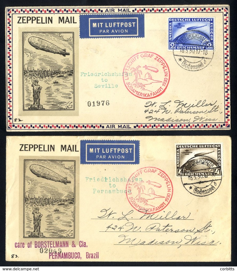 1930 South America Flight Illustrated Envelope To USA, Franked Overprinted 2rm Zeppelin For Seville & 4rm For Pernambuco - Autres & Non Classés