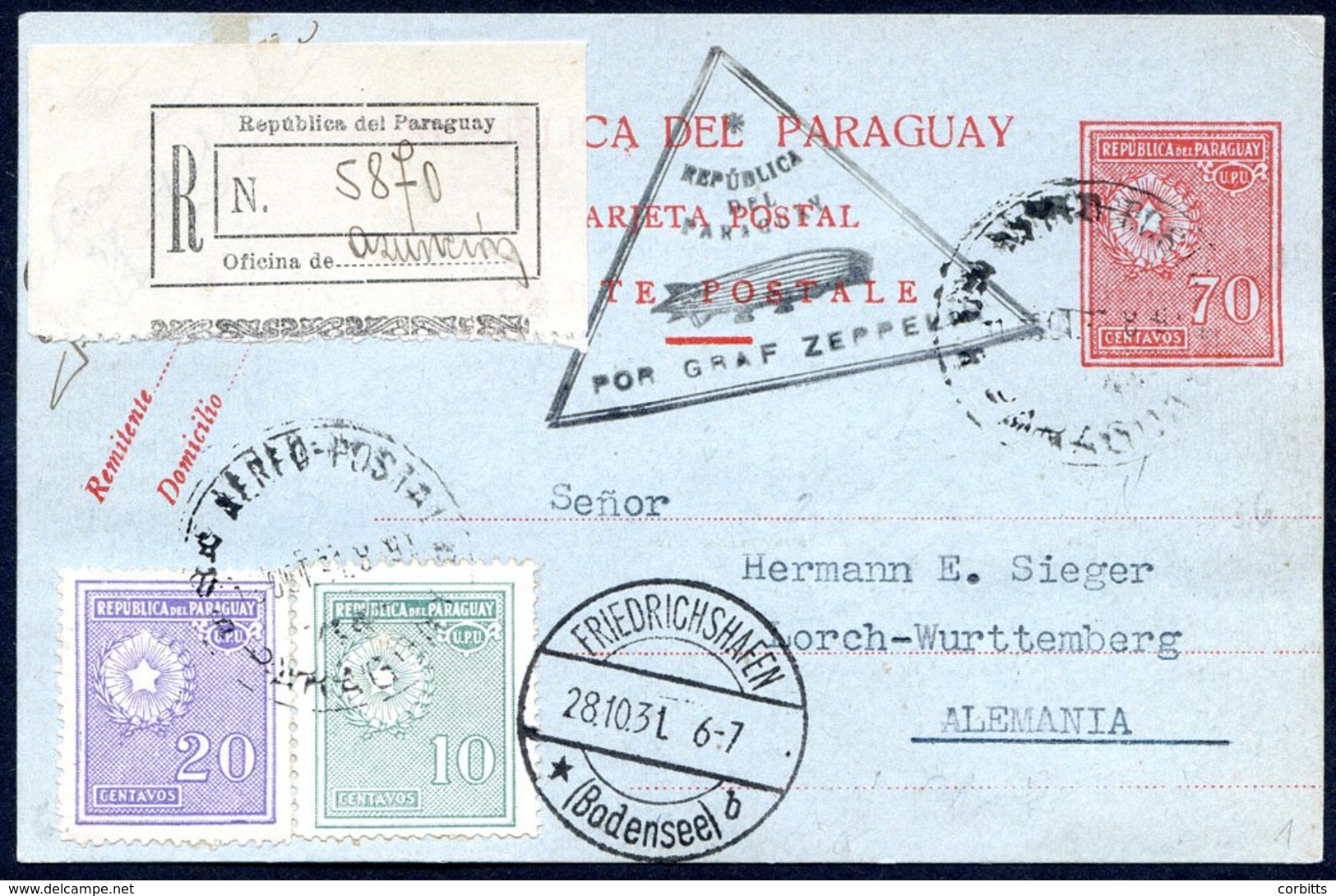 1931 (October) Paraguay 3rd Flight To Germany Registered 70 Centavos Postcard Uprated With 9 Adhesives (applied Front &  - Otros & Sin Clasificación