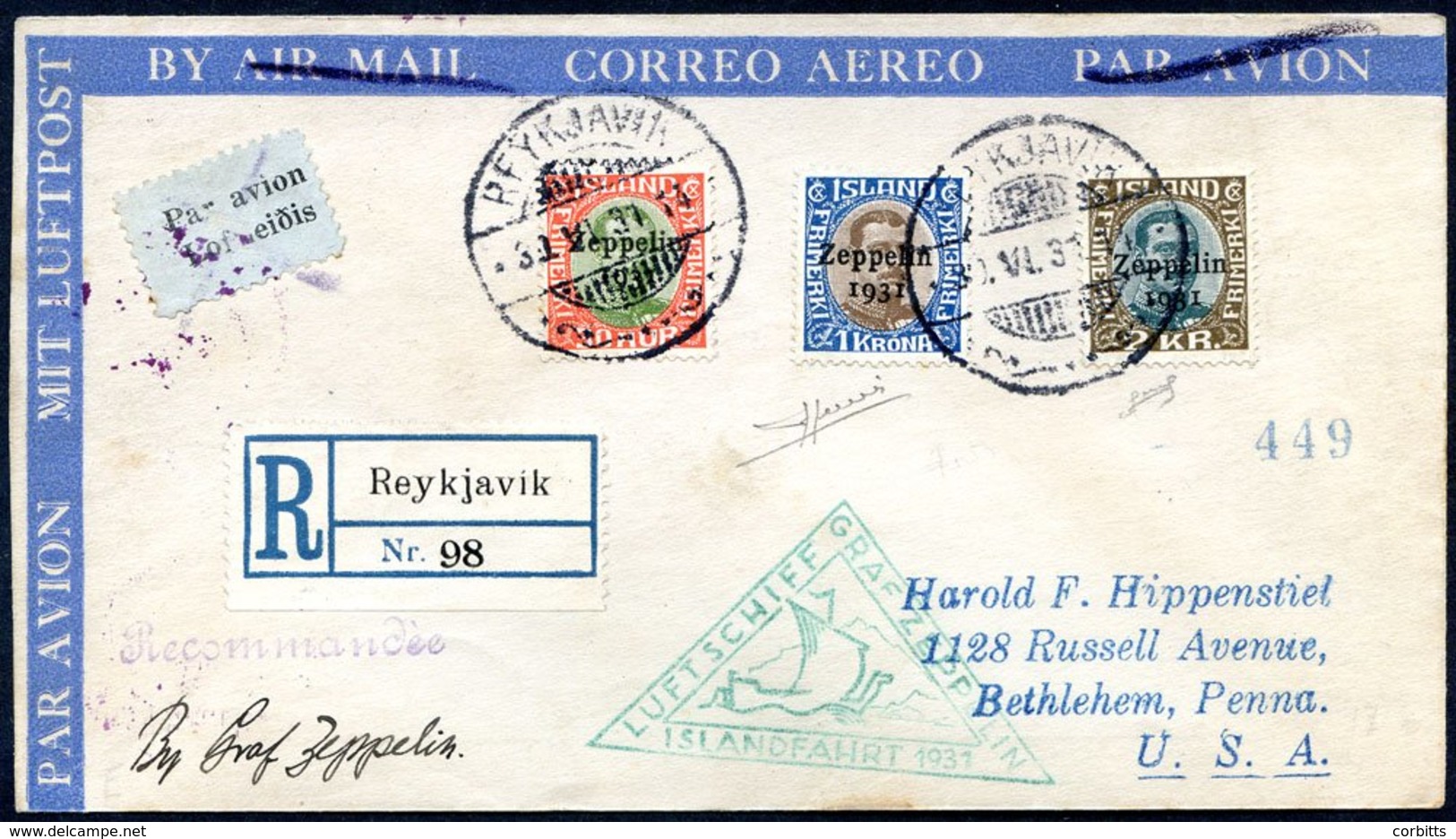 1931 Iceland Flight Registered Cover From Reykjavik To Bethlehem, Pennsylvania Franked The Zeppelin Set Of Three Tied Re - Other & Unclassified