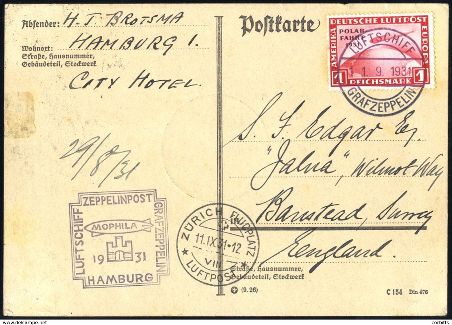 1931 'MORPHILA' Switzerland Flight Card To England, Franked 1rmPolar Flight Zeppelin, Tied Luftschiff Graf Zeppelin C.d. - Other & Unclassified