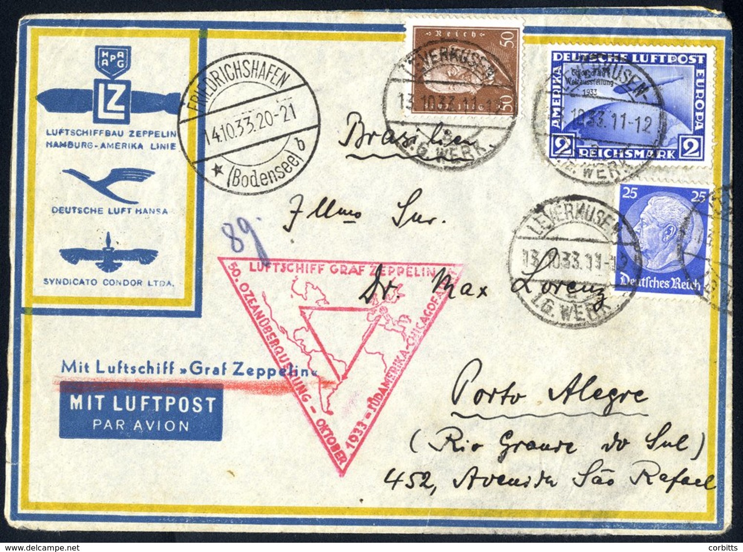 1933 Chicago Flight Envelope To Porto Alegre Franked 25pf, 50pf & 2rm. Chicago Zeppelin Cancelled Levermusen C.d.s. Obve - Otros & Sin Clasificación
