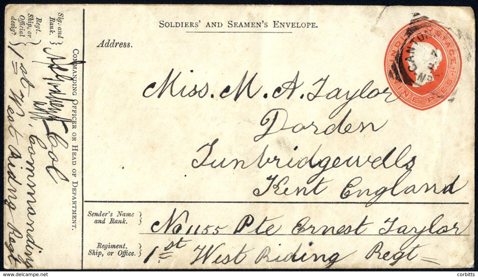 1889 9p Soldiers & Seamen's Envelope To  England From A Private In The 1st West Riding Rgt. Correctly Countersigned By T - Otros & Sin Clasificación