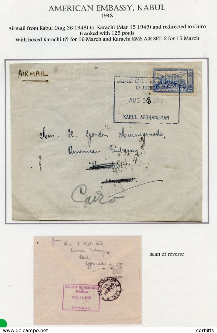 1948 Airmail Cover From Kabul (Aug 26th 1948) To Karachi (Mar 15 1949) & Redirected To Cairo, Franked 125pouls, Tied Box - Autres & Non Classés