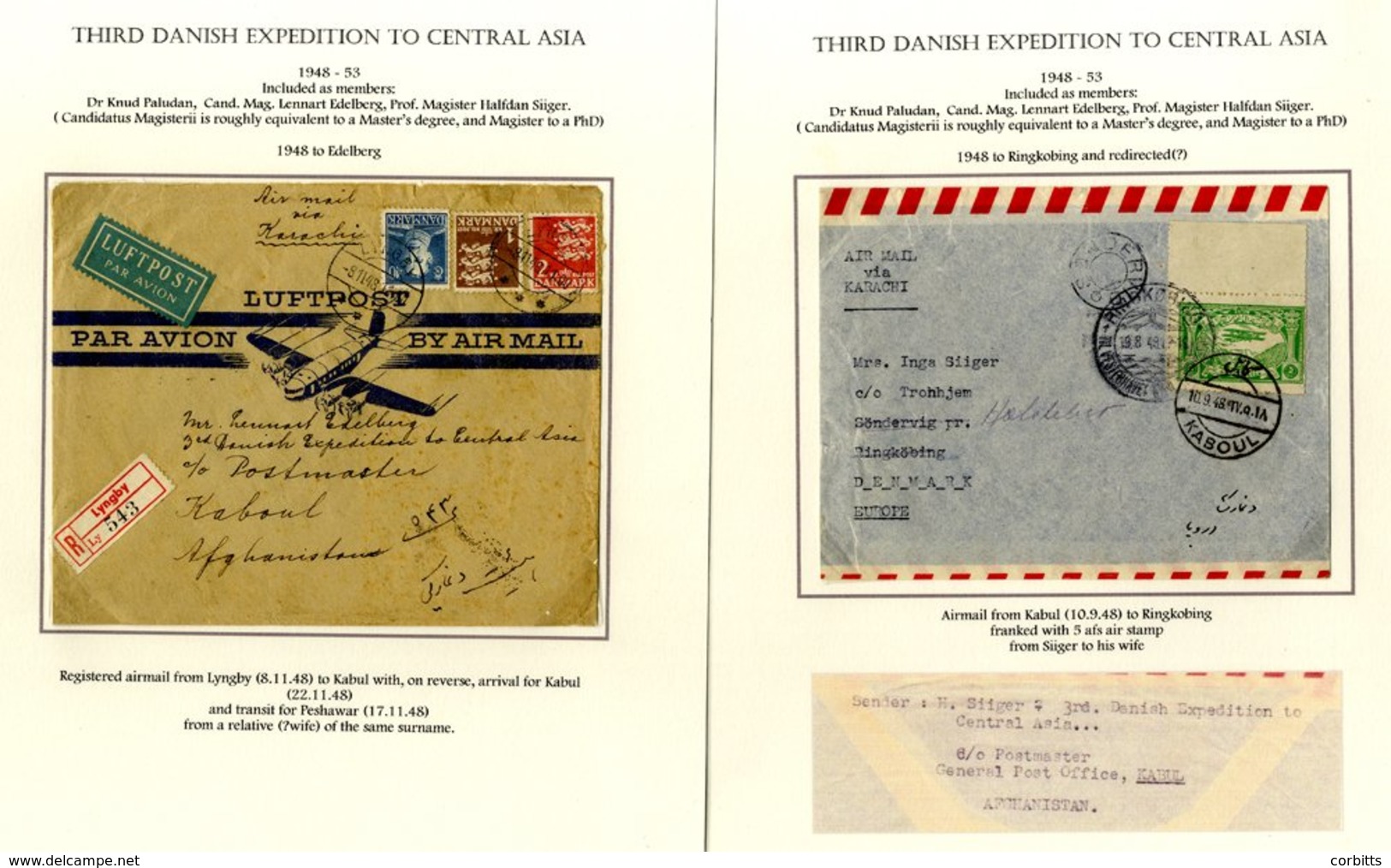 1948-49 Third Danish Expedition To Central Asia, Six Airmail Covers From Lyngby To Kabul, Kabul To Ringkobing, Kabul To  - Other & Unclassified