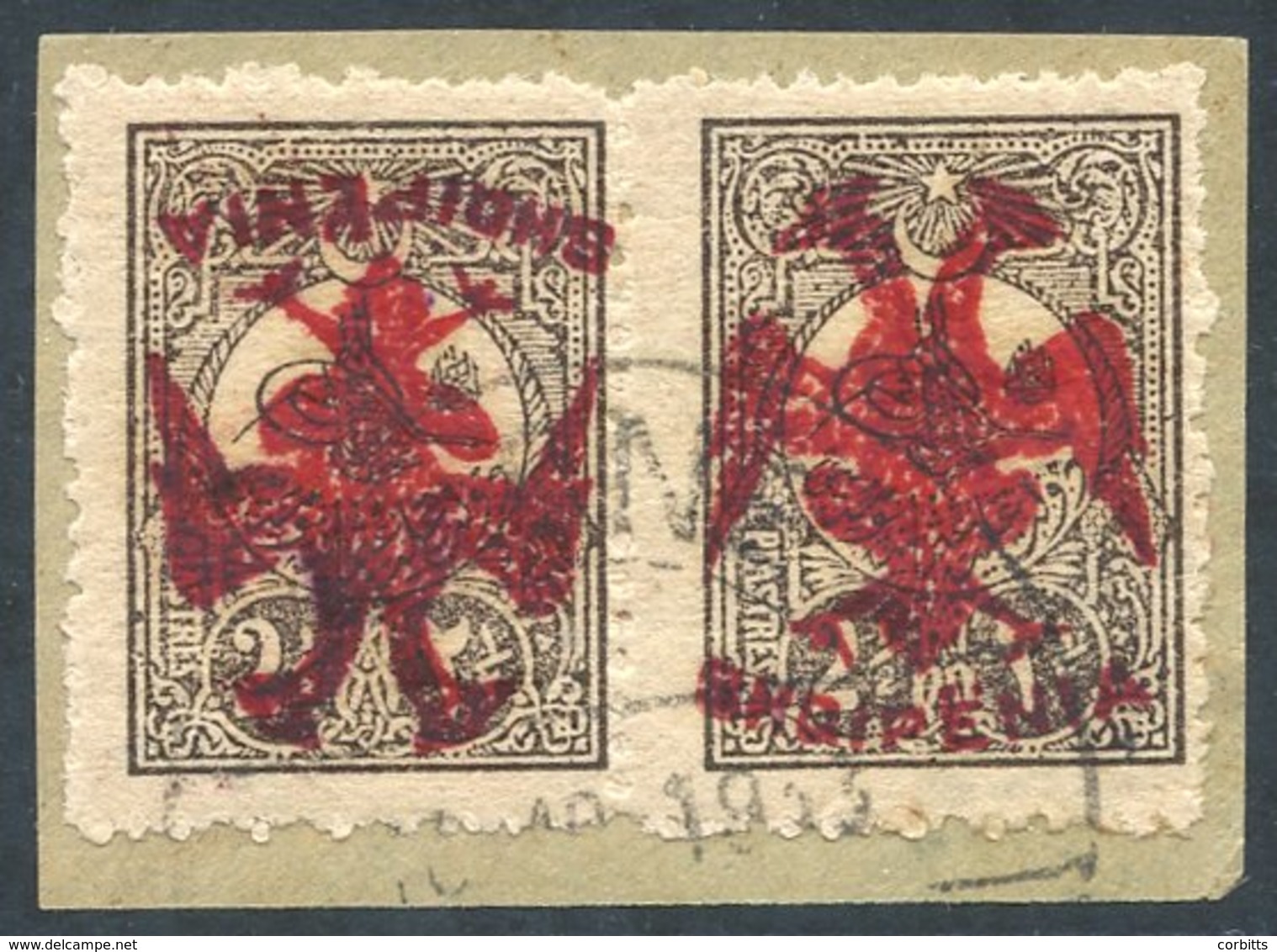 1913 2½pi Horizontal Pair Overprinted In Red Instead Of Black With One INVERTED, Tied To A Small Piece By Fine Double Ri - Other & Unclassified