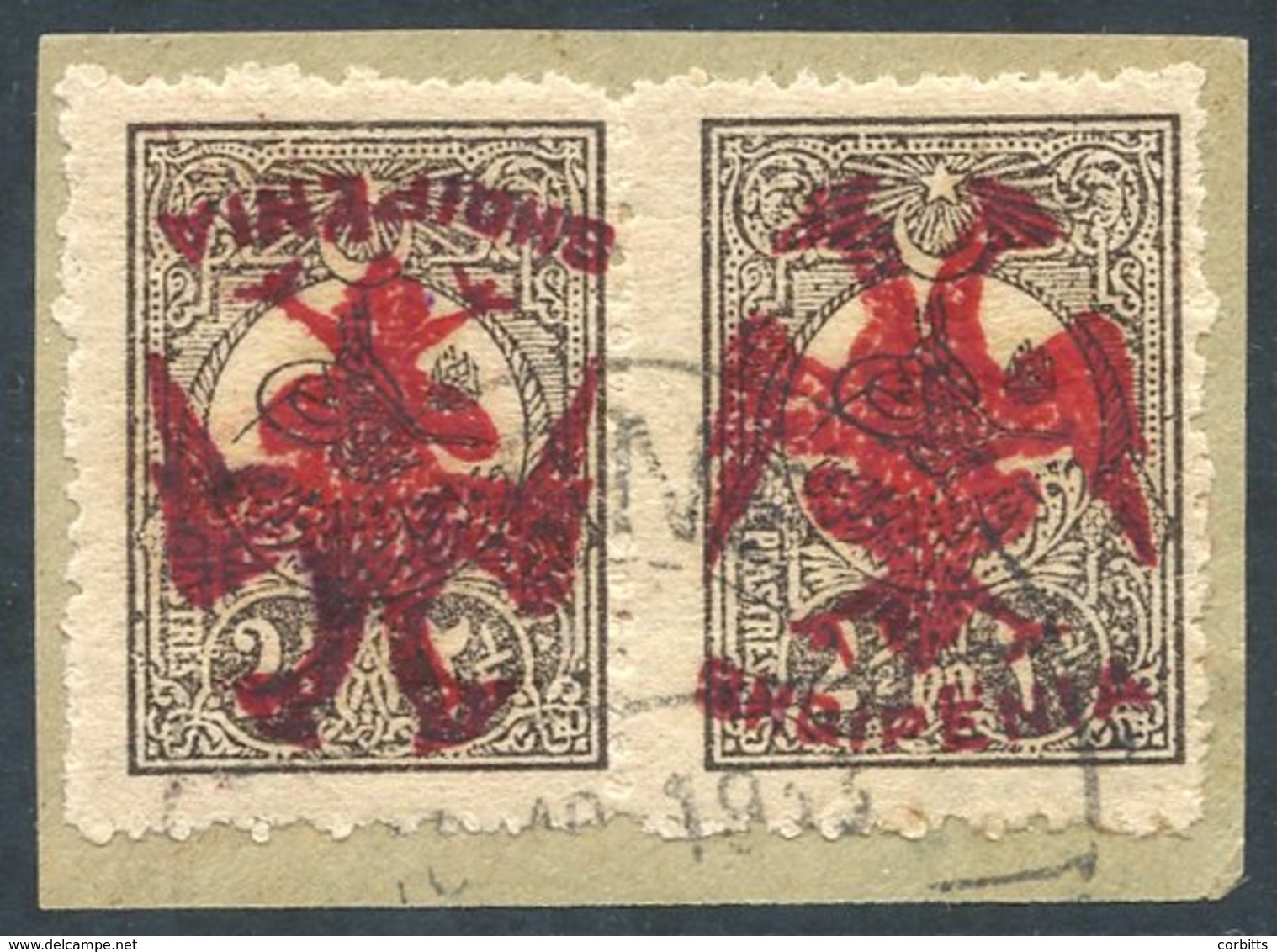 1913 2½pi Horizontal Pair Overprinted In Red Instead Of Black With One INVERTED, Tied To A Small Piece By Fine Double Ri - Autres & Non Classés