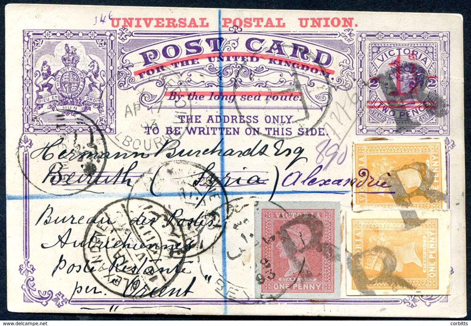 1893 April 17, 1½d Red On 2d Violet UPU Postal Stationery Card (H & G 12) Endorsed 'Per Orient' And Sent Registered To B - Sonstige & Ohne Zuordnung