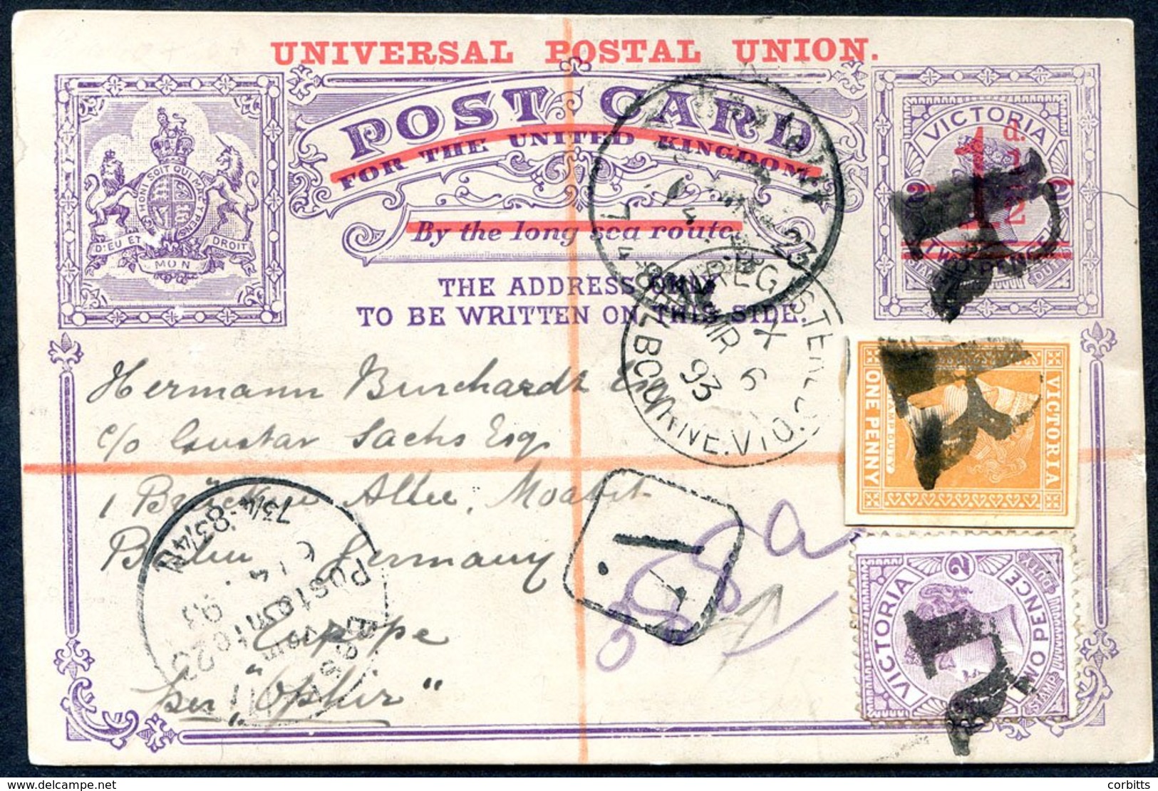 1893 March 6, 1d Red On 2d Violet UPU Postal Stationery Card (H & G 12) Endorsed 'per Ophis' And Sent Registered To Germ - Other & Unclassified