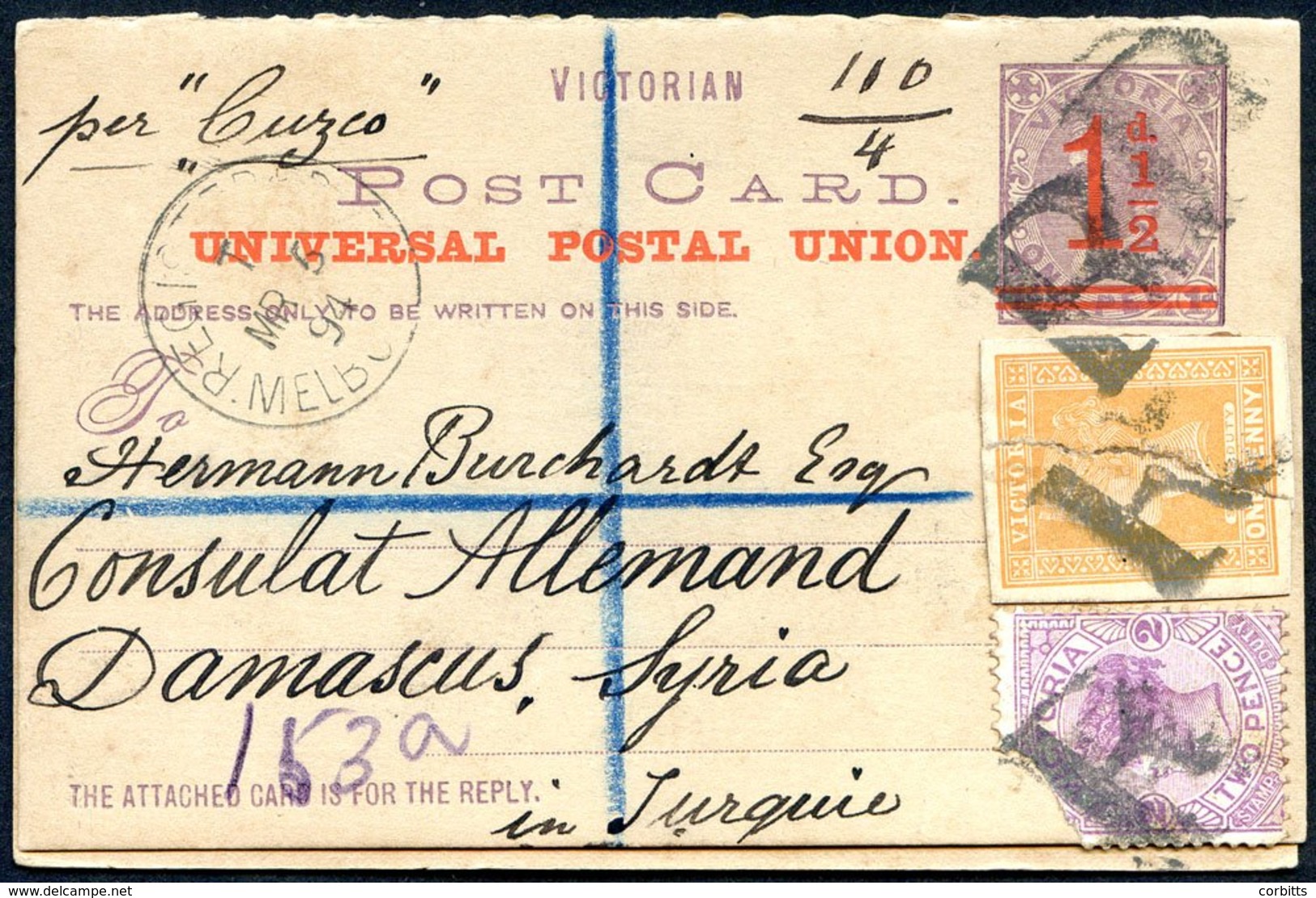 1894 1½d On 1d Violet Unsevered UPU Postal Stationery Reply Card (H & G 13) Endorsed 'Per Cuzlo' And Sent Registered To  - Sonstige & Ohne Zuordnung