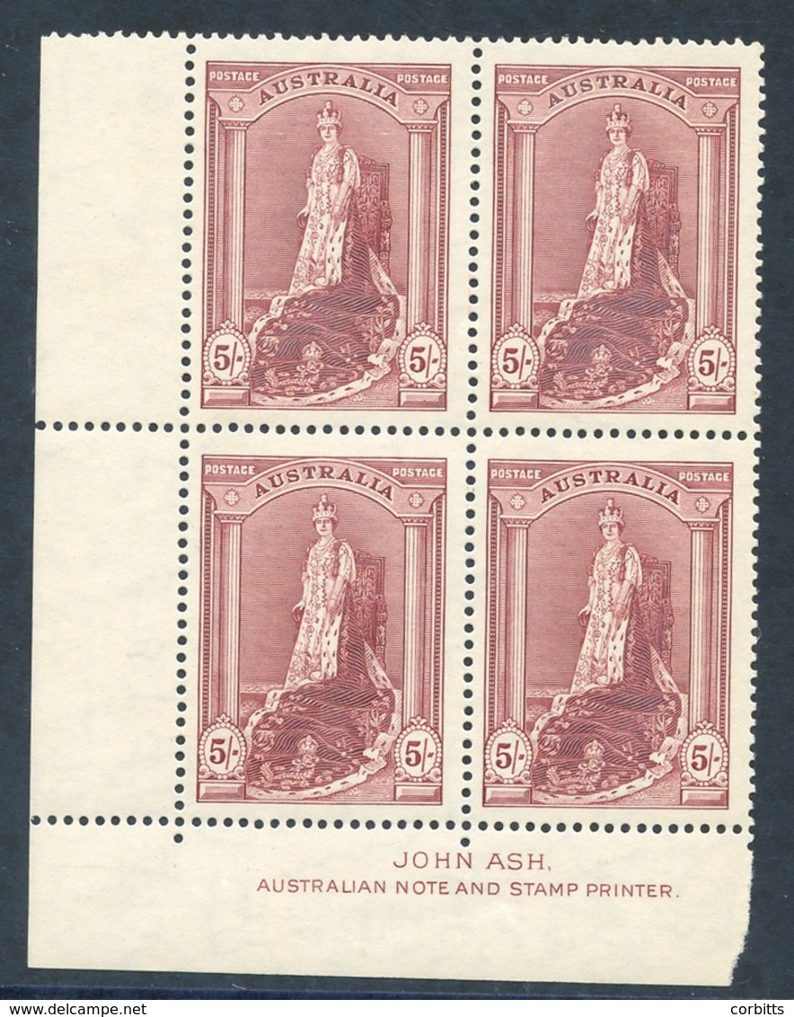 1938 5s Clear Lower Left Marginal Imprint Block Of Four UM, SG.176. - Autres & Non Classés