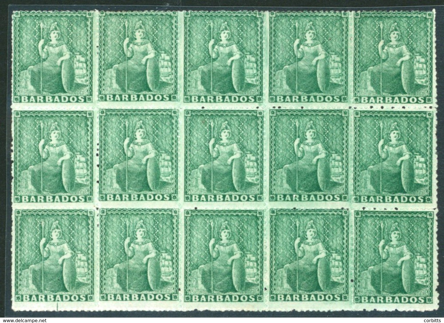 1861-70 No Wmk. Rough Perf. 14 To 16 (½d) Blue Green Block Of Fifteen (3 X 5) With Guide Mark At Foot, Unused With Large - Autres & Non Classés