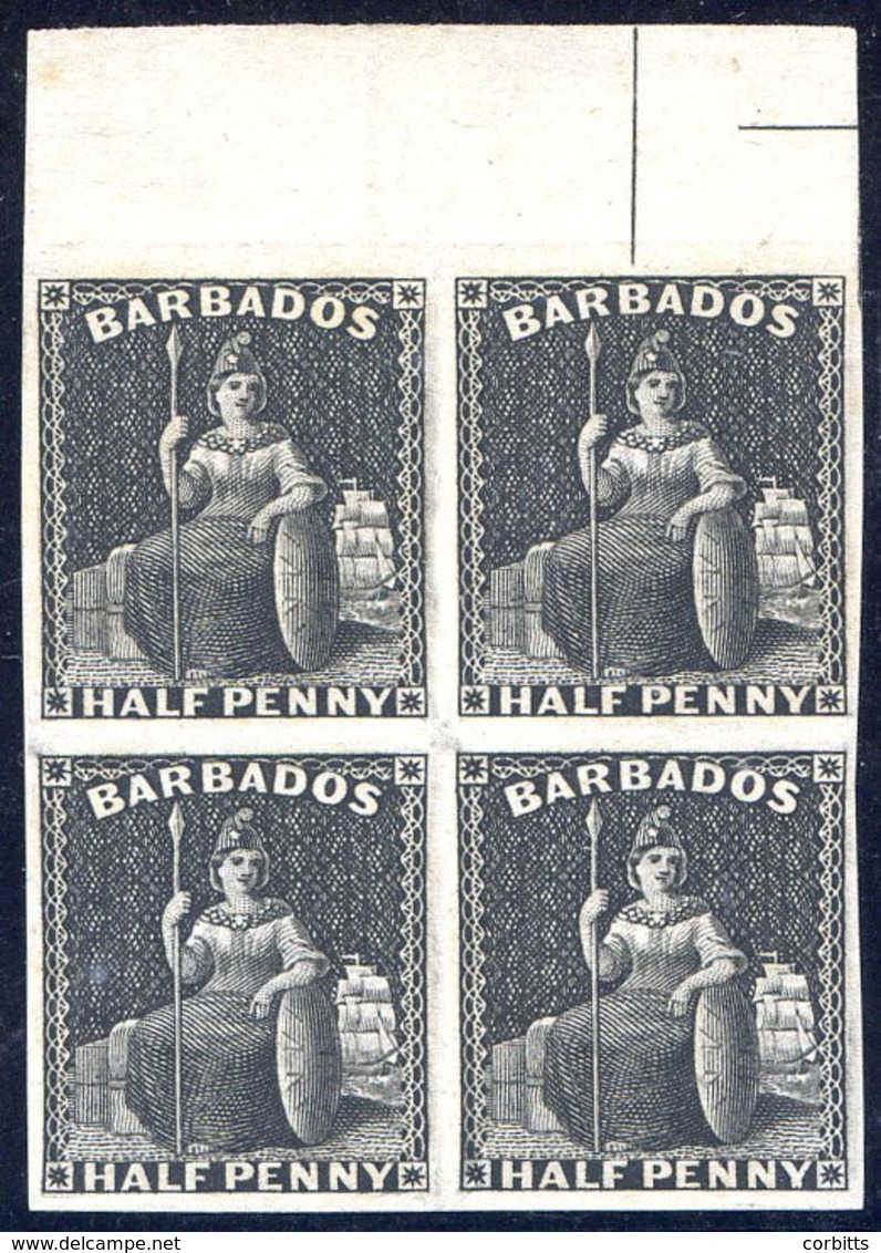 1874-75 Plate Proof ½d In Black On Wove Paper, Top Marginal Block Of Four. - Sonstige & Ohne Zuordnung