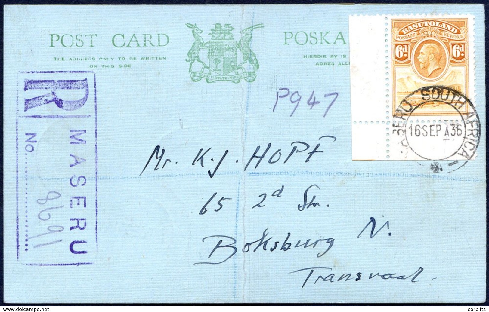 1936 Sept 16 Registered South African Post Card To Transvaal Franked On Back & Front With 1933 ½d (pair), 1d, 2d, 3d, 4d - Sonstige & Ohne Zuordnung