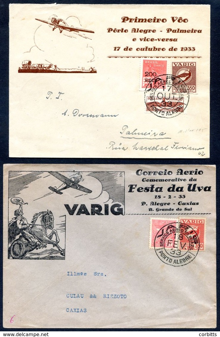 1933 Feb & Aug Illustrated Vargi First Flight Covers Porto-Alegre - Caxias Or Palmira Frankings Incl. Varig 350 Reis In  - Sonstige & Ohne Zuordnung