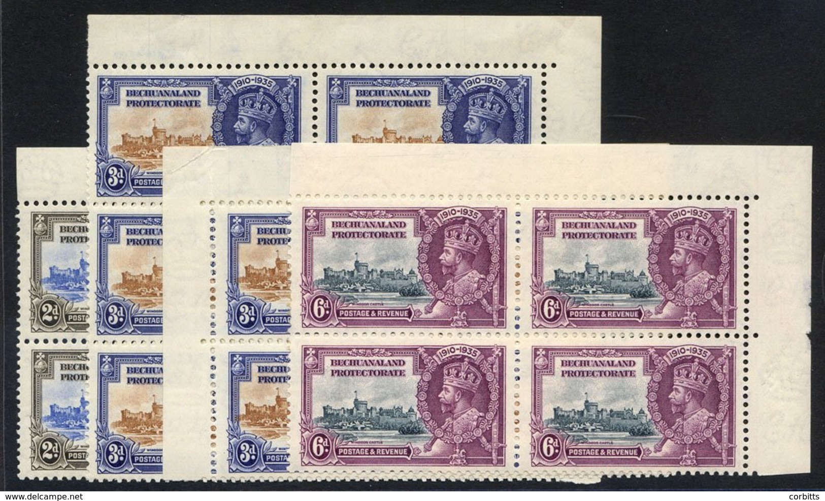 1935 Silver Jubilee 2d, 3d & 6d Top Right Corner Blocks Of Six (3d) Or Four Showing Lightning Conductor, Flaw, Plus Addi - Otros & Sin Clasificación