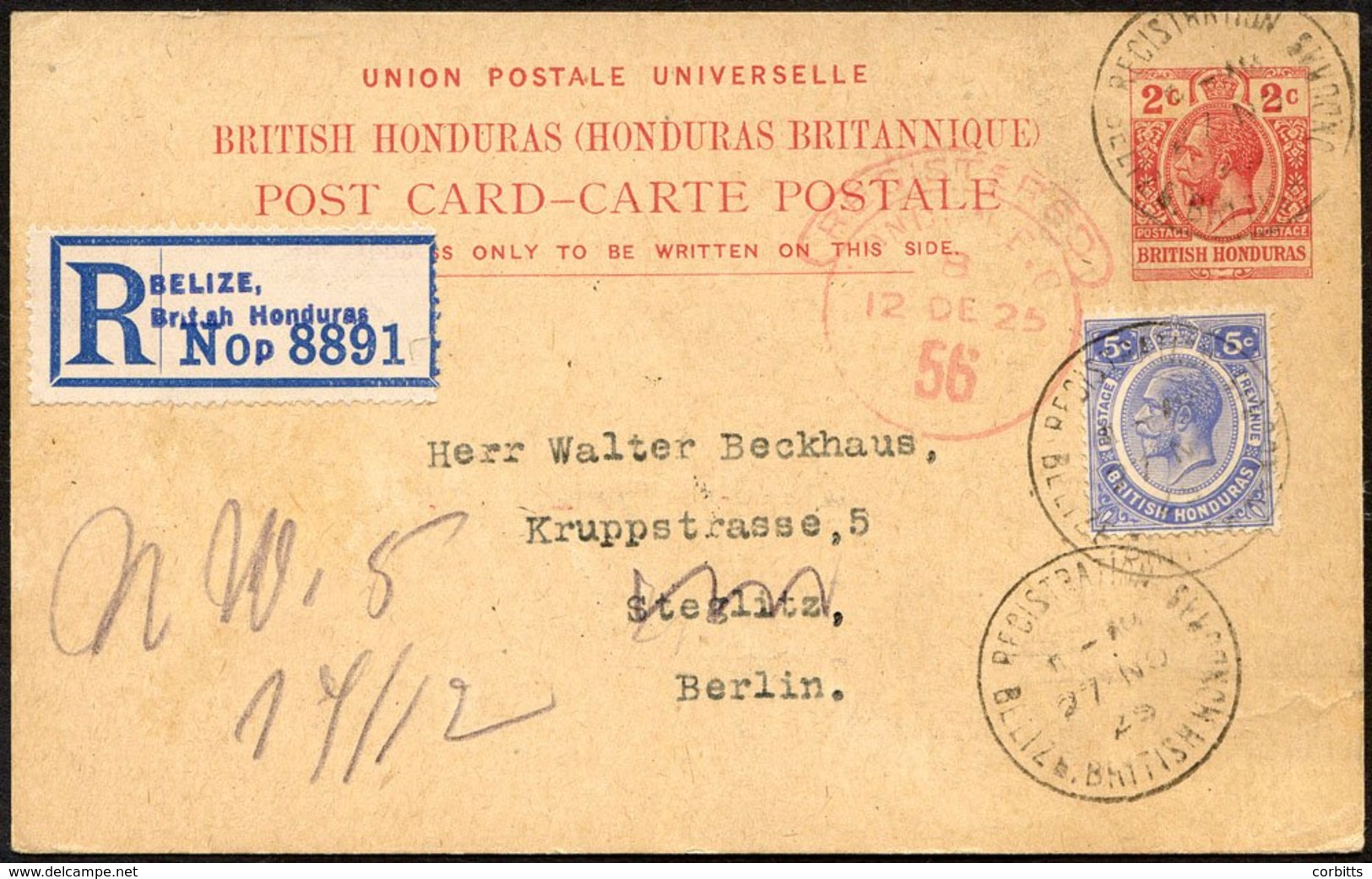 1925 Nov 27 2c Rose Red On Buff Postal Stationery Card (H & G 16) Sent Registered To  Berlin, Uprated With 1922-35 5c Ul - Sonstige & Ohne Zuordnung