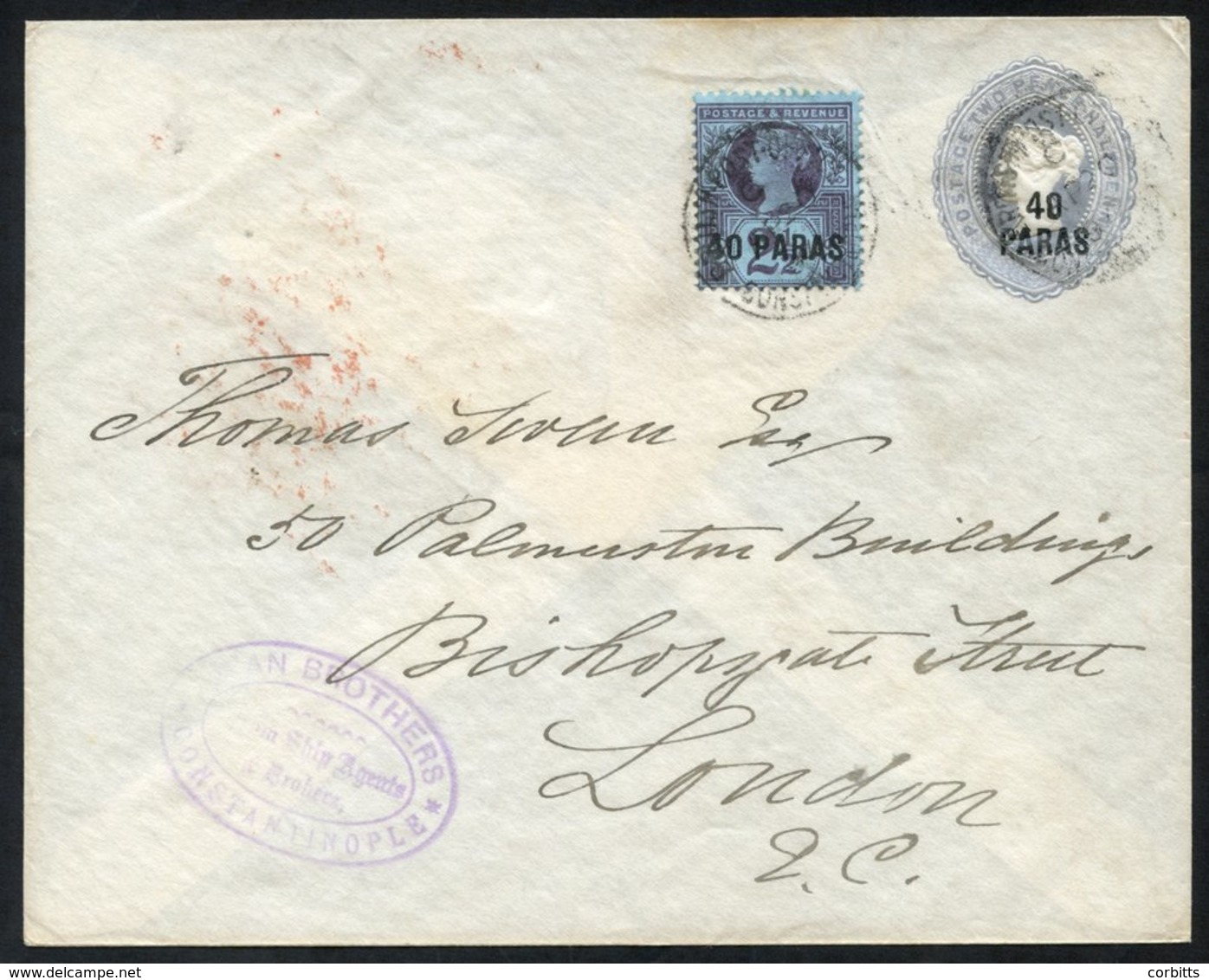 1894 40paras Envelope To London With 40paras On 2½d Added, Cancelled British Post Office Constantinople AP.20.94. - Sonstige & Ohne Zuordnung