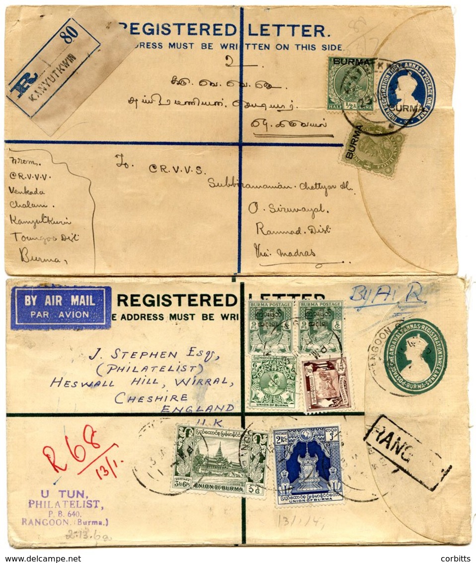 1937-49 KGV 3a+1a & KGVI 1½a+3a Registered Stationery Envelopes (both Size H, H & G 1 Or 3), Kanyutkwin - India Or Rango - Other & Unclassified