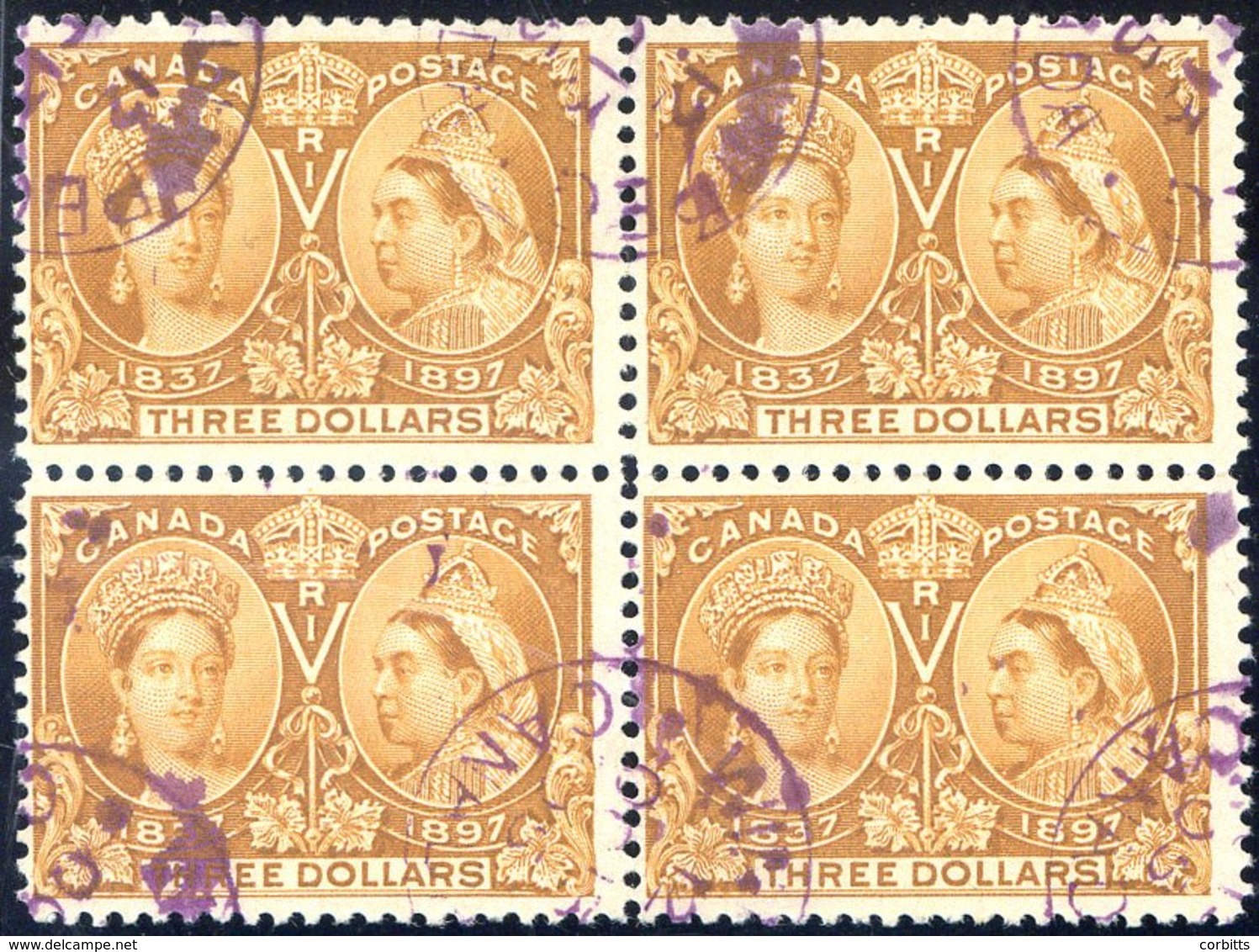 1897 Jubilee $3 Bistre Scarce Used Block Of Four, Cancelled By Several At Winnipeg Violet Circular D/stamp, Philatelic F - Otros & Sin Clasificación