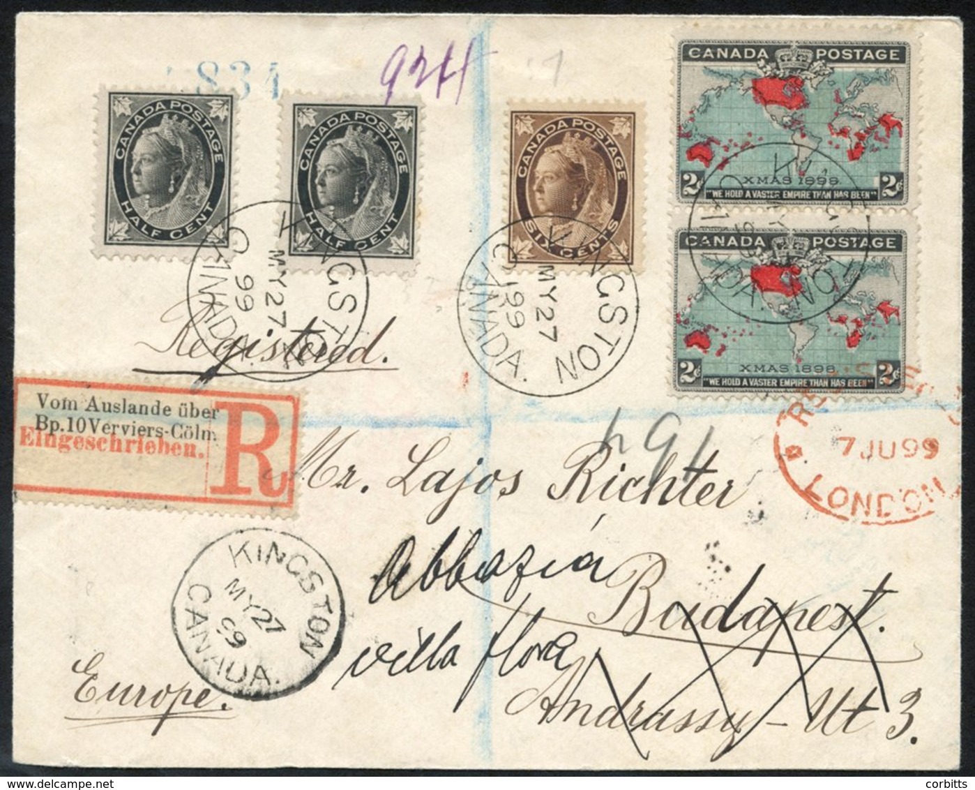 1899 May 27th Envelope Registered From Kingston To Budapest, Bearing 1897-98 ½c (2), 6c & 1898 Christmas 2c (2), Registr - Otros & Sin Clasificación