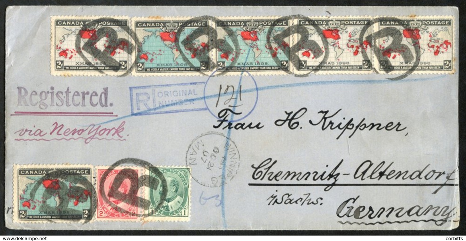 1907 Blue Registered Cover To Germany Bearing 2c Map (6) - Two Distinctive Shades, 1903 1c & 2c, All Tied By Bold 'R' In - Otros & Sin Clasificación