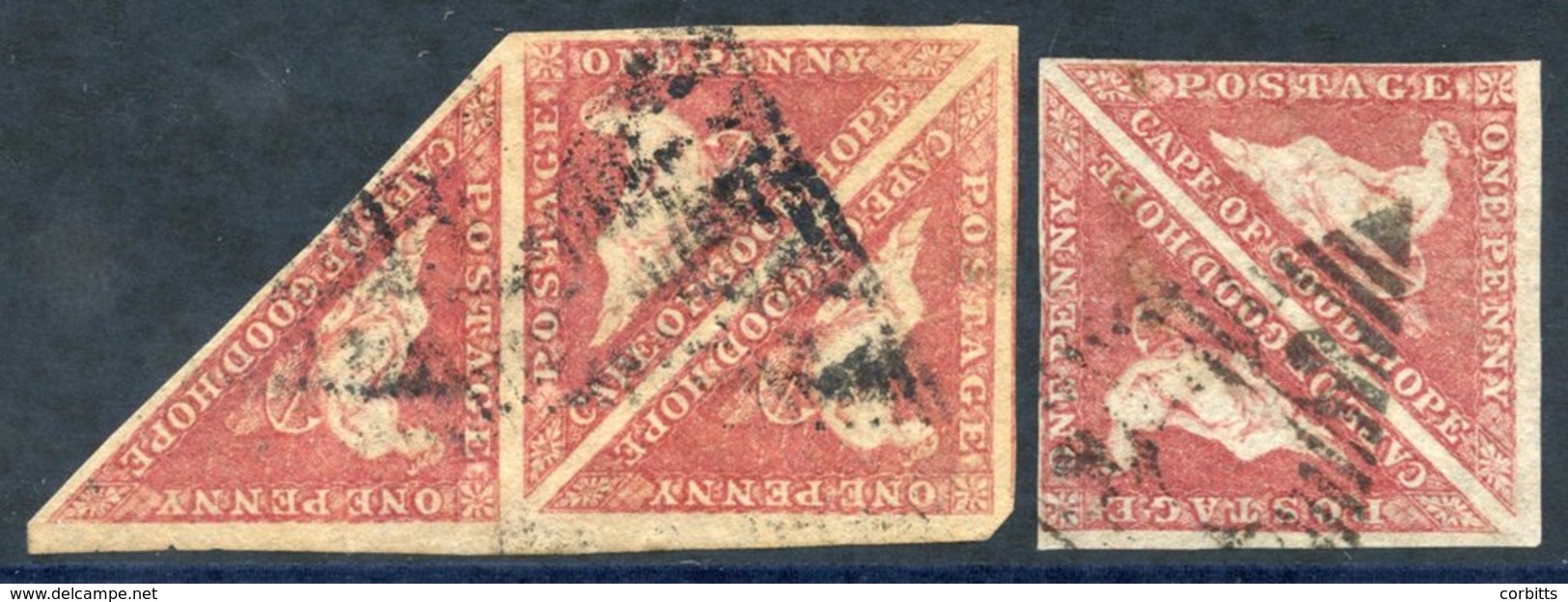 1855 1d Deep Rose-red Shade (SG.5b) U Block Of Three, The Single Stamp At The Left Has A Scissor Cut Just Into The Stamp - Autres & Non Classés