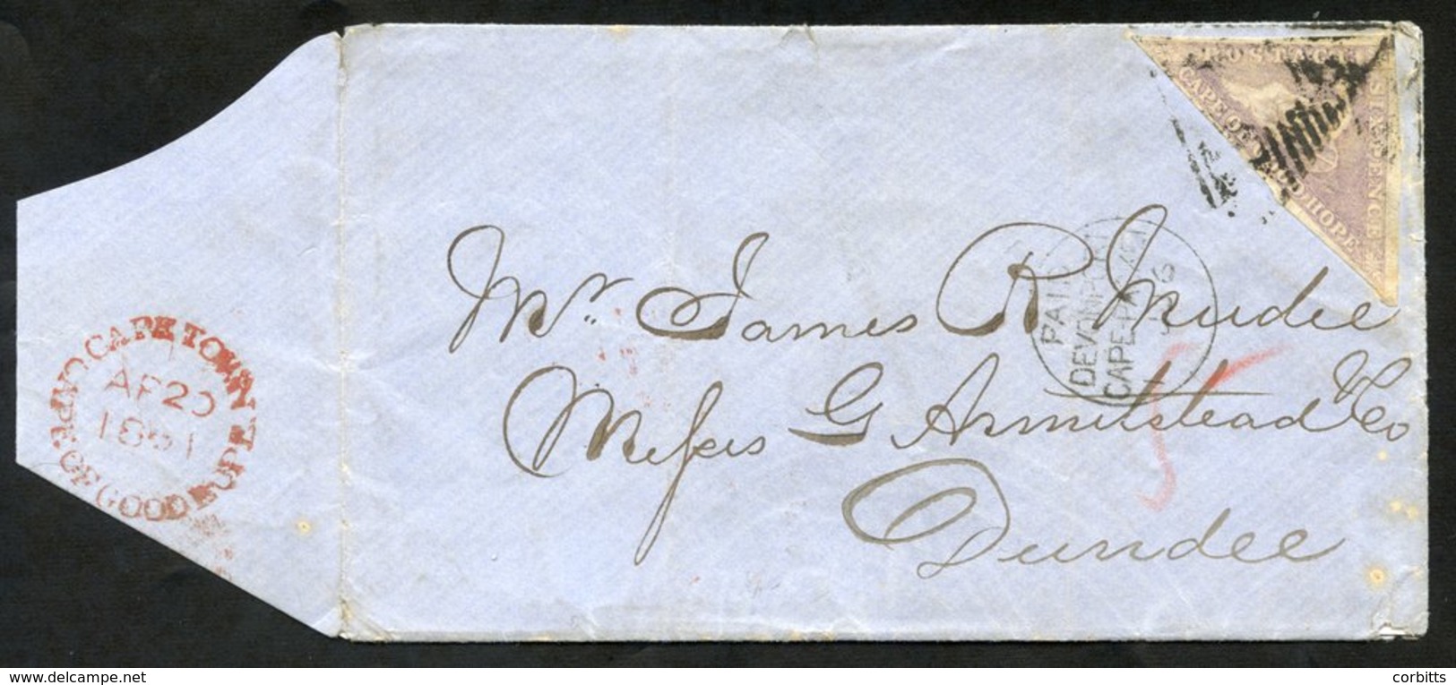 1861 Cover To Dundee, Scotland With A 6d (good Margins) Tied By A Triangular Cancel. Cape Town AP.20.1861 & Paid/Devonpo - Autres & Non Classés