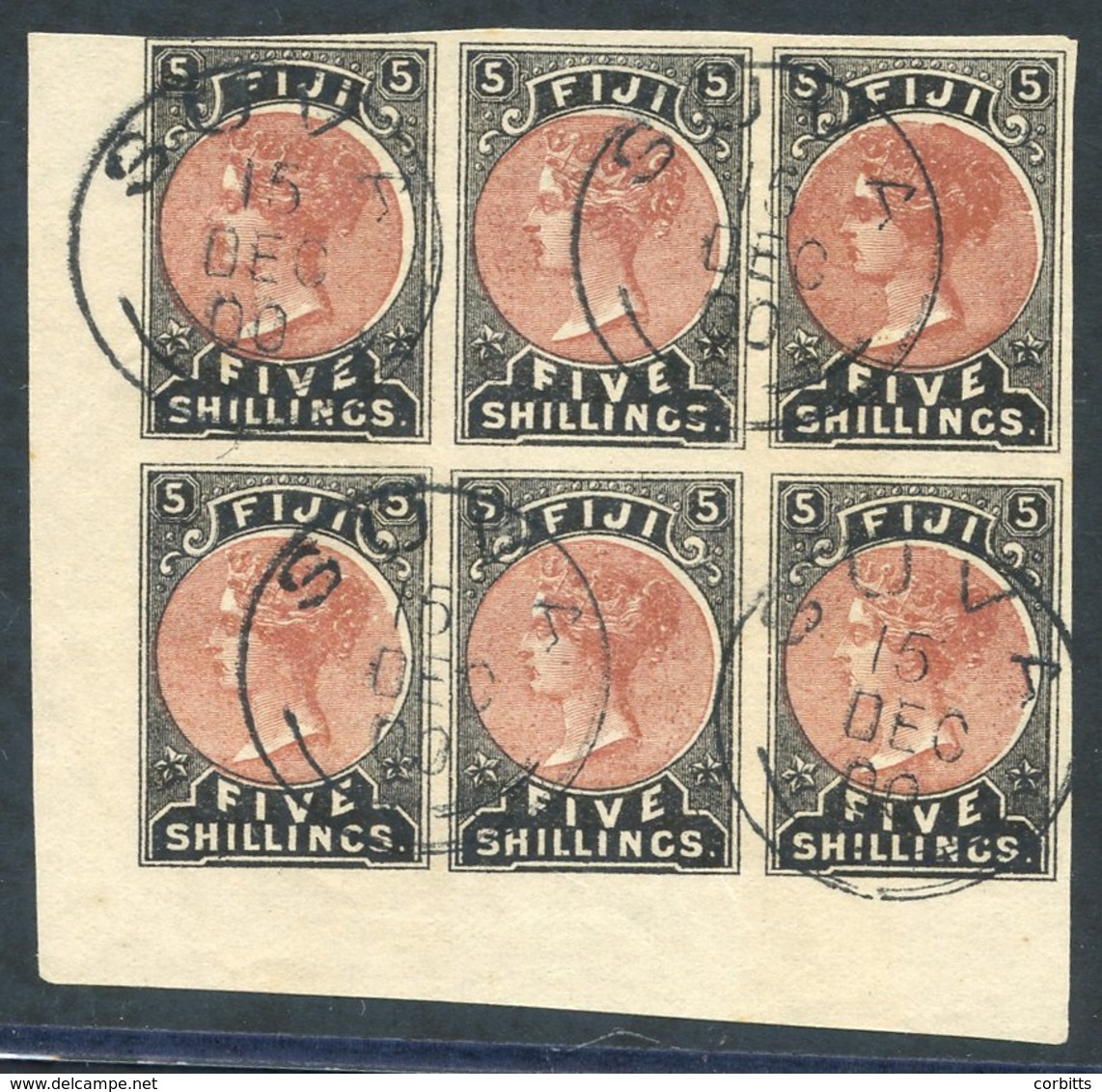 1882 5s Dull Red & Black Imperforate Remainders - Corner Marginal Block Of  Six Cancelled 'Suva' Cds's For 15th.Dec.00 ( - Other & Unclassified