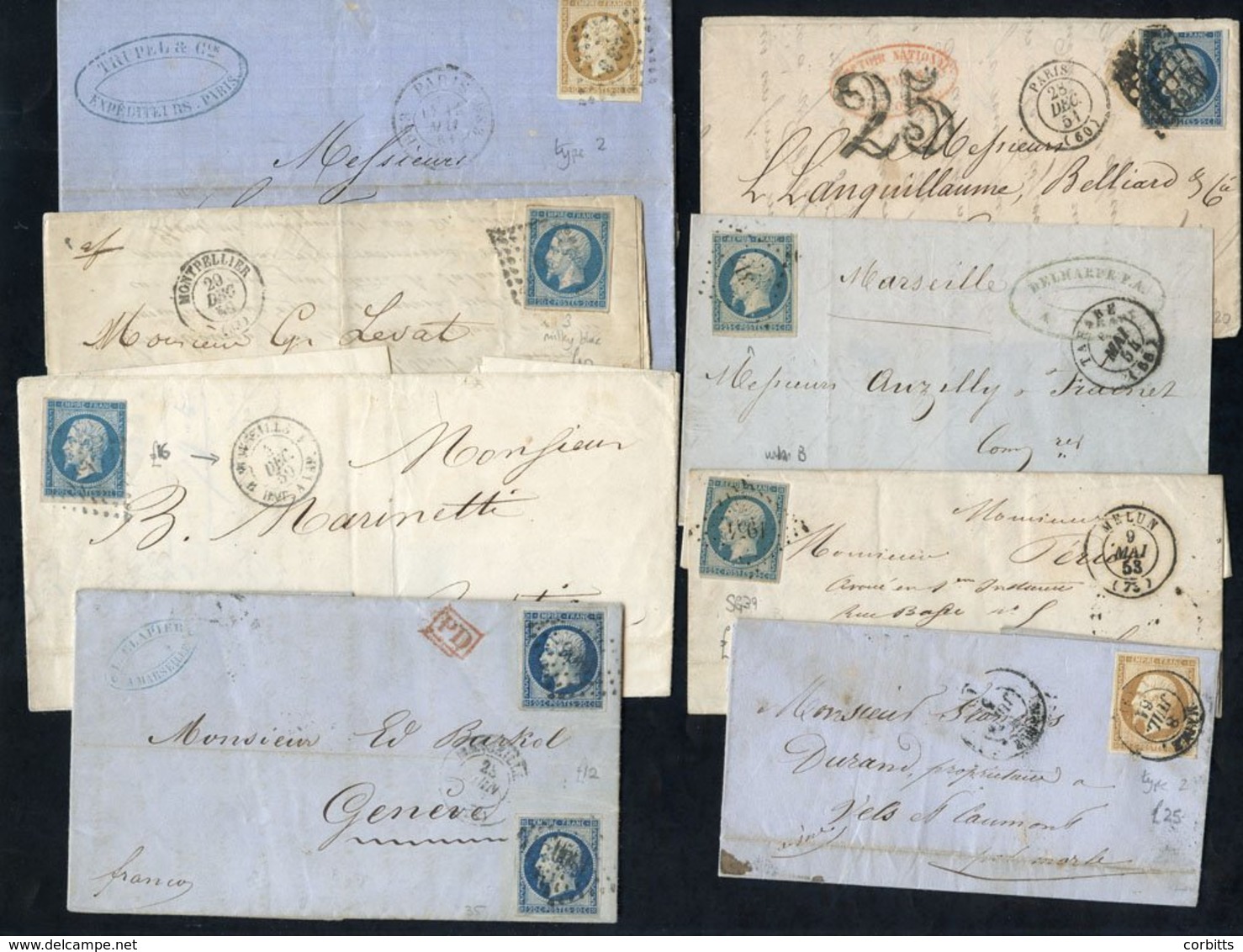 1851-62 Imperf Issues On Cover Incl. Ceres 25c With Further 25c Due; Napoleon III Scarcer Republican 25c (2), 10c (2), 2 - Autres & Non Classés