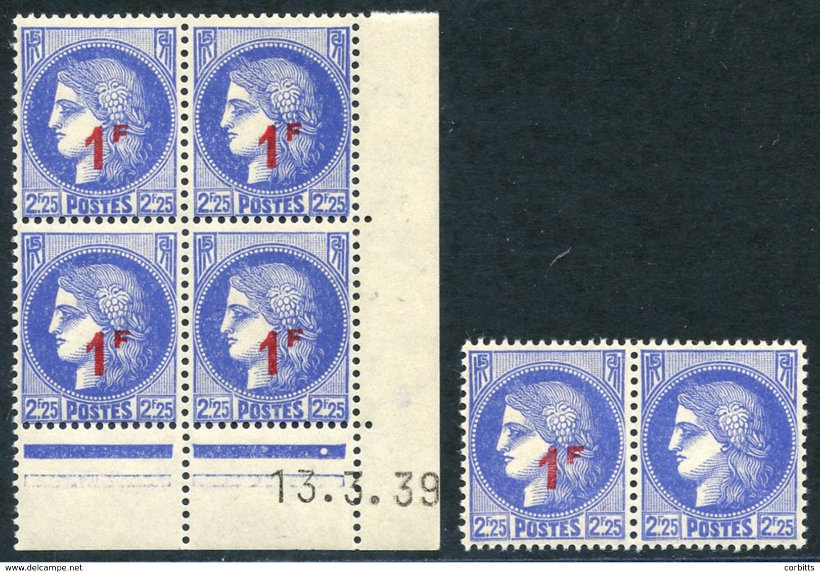 1941 1f On 2f.25 Ceres Pair Incl. One Stamp With Surcharge Omitted, A Normal Corner Marginal Block Accompanies. Maury 48 - Otros & Sin Clasificación