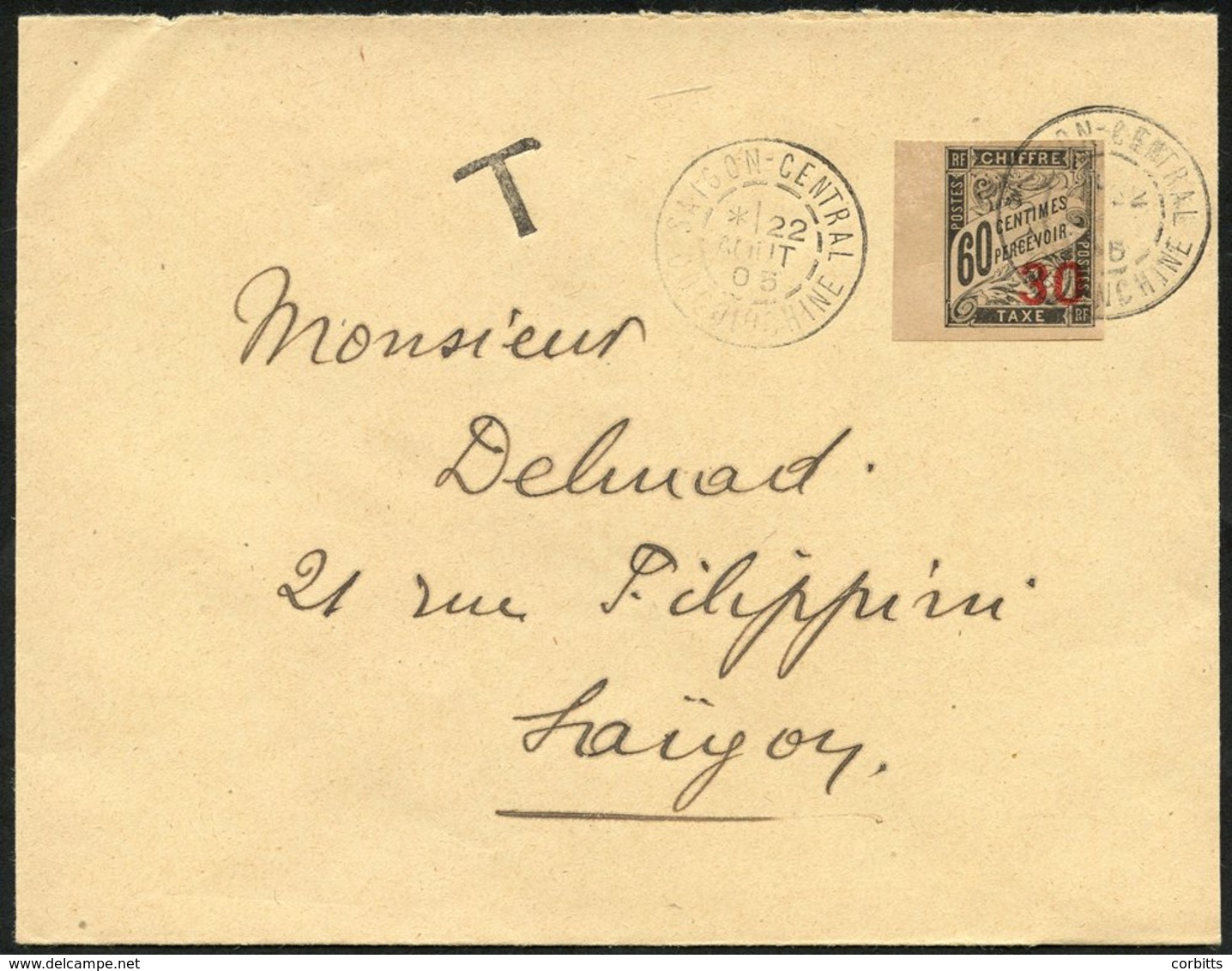 INDO-CHINA 1905 Envelope Addressed To Saigon Bearing Indo-China Postage Due 30 On 60c Black (Yv.4), Tied By Saigon Centr - Otros & Sin Clasificación