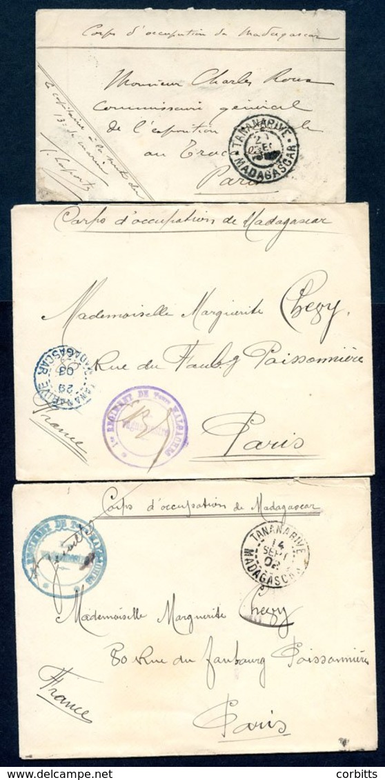 MADAGASCAR 1901-03 Expeditionary Corps Covers (3) Tananavine To Paris Incl. Lrt Regt Malgach Tirailleurs Cachets In Blue - Otros & Sin Clasificación