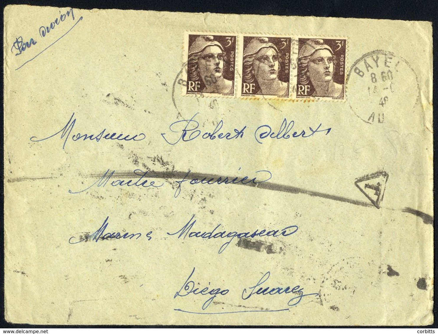 MADAGASCAR 1946 Envelope To DIEGO SUAREZ, Franked 3f (3) 'Marianne', Insufficient Postage & Taxed. Reverse '2f' On 1f Ma - Sonstige & Ohne Zuordnung