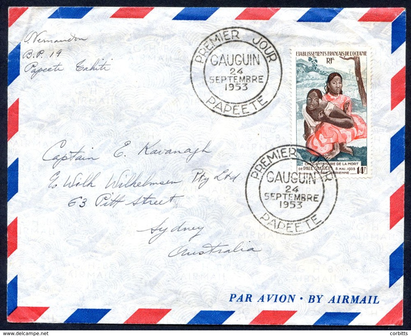 OCEANIA 1953 Set 24 Airmail FDC Papeete - Australia Franked 14f Gauguin (SG.213) Tied Special Gauguin Double Ring D/stam - Sonstige & Ohne Zuordnung