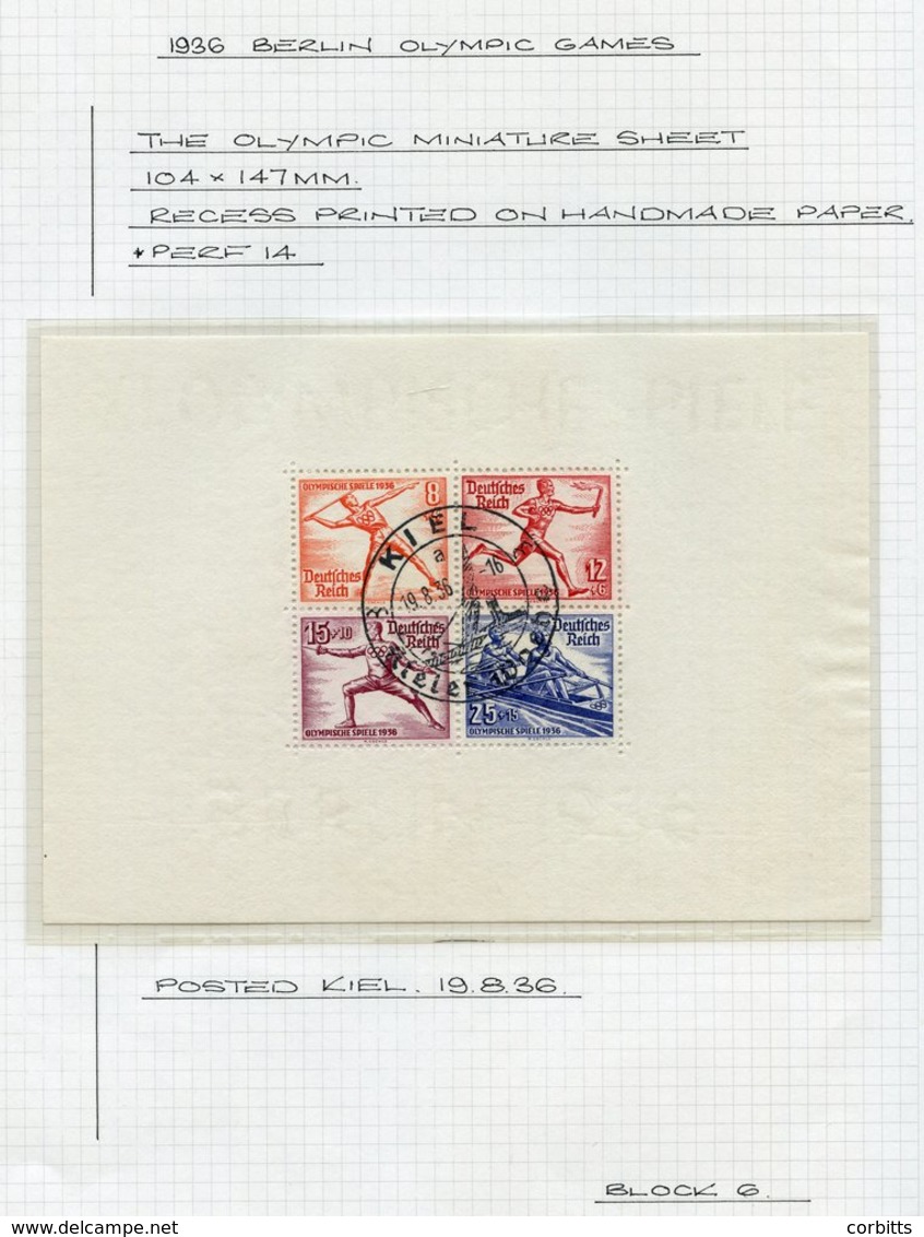 1936 Olympic Games M/Sheet (six Pairs) U With Different Games D/stamps Incl. Those Of Kiel, VF, Mi.block 5/6, SG.MS613a, - Other & Unclassified