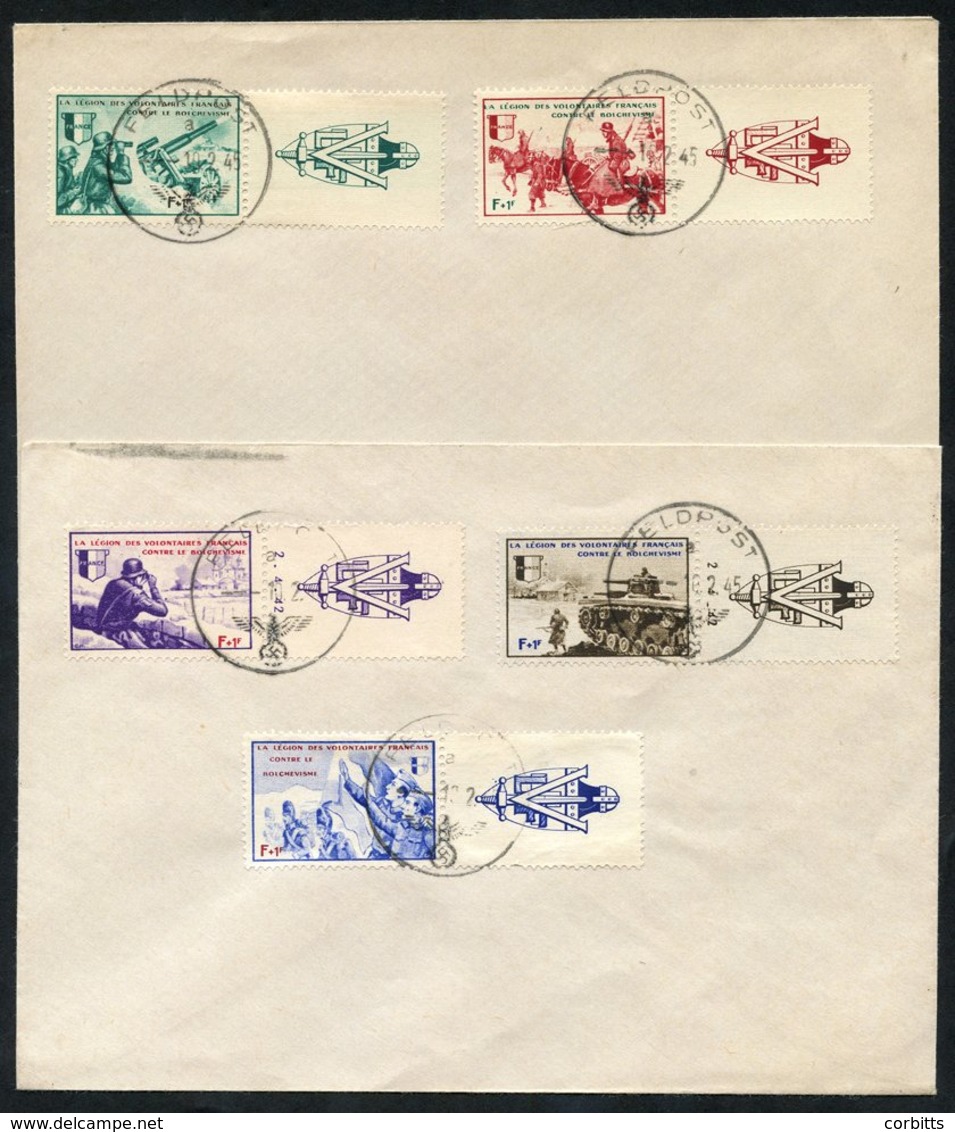 FRENCH VOLUNTEER LEGION 1942 Pictorial Set Of Five Vals Each With Label Attached, Tied To Two Blank Covers By Feldpost C - Otros & Sin Clasificación