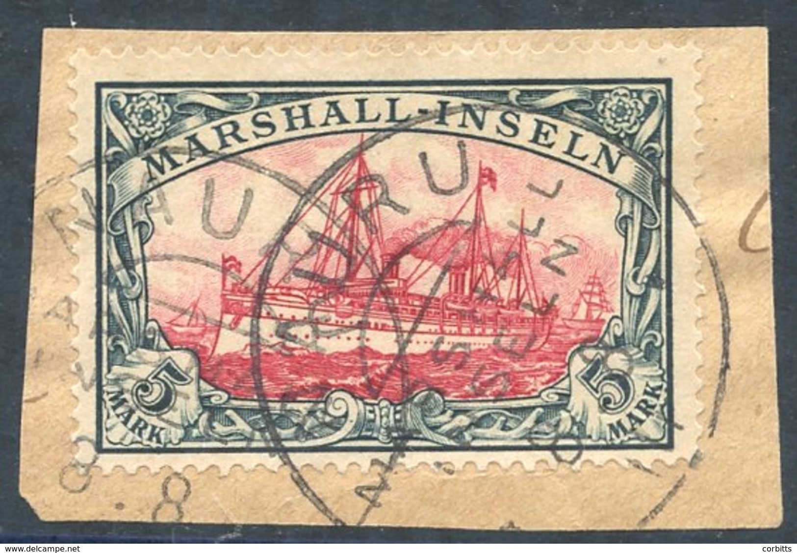 MARSHALL ISLANDS 1901 No Wmk 5m Carmine & Black Yacht Tied To Piece By Fine Nauru C.d.s's, SG.G23. Cat. £700 - Sonstige & Ohne Zuordnung