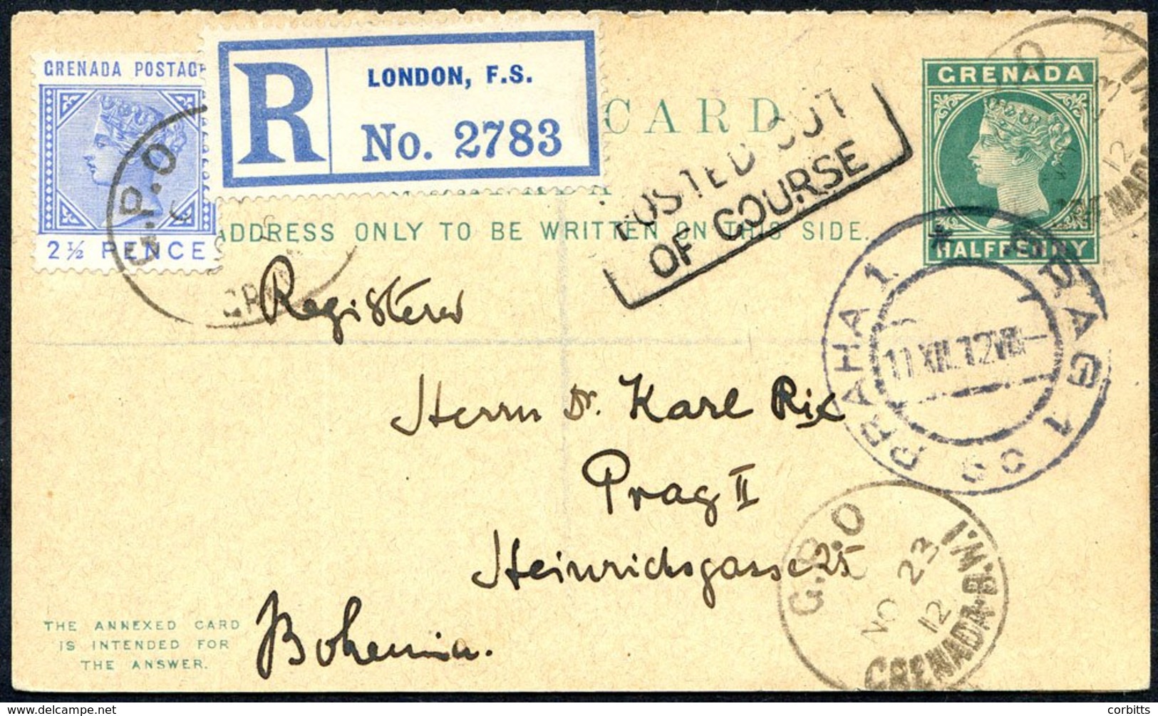 1912 Nov 23rd ½d Green Unused Postal Stationery Reply Card (H & G 8) Sent Registered To Prague, Uprated With 1883 2½d Ul - Otros & Sin Clasificación