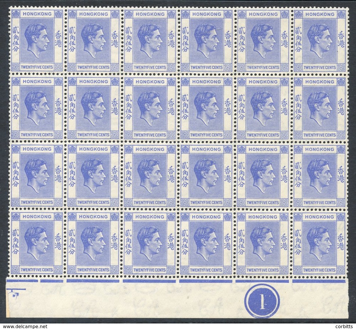 1938-52 25c Bright Blue, Lower Marginal Block Of 24 (6 X 4), SG.149 Showing Plate '1' In Margin, An Attractive UM Positi - Autres & Non Classés