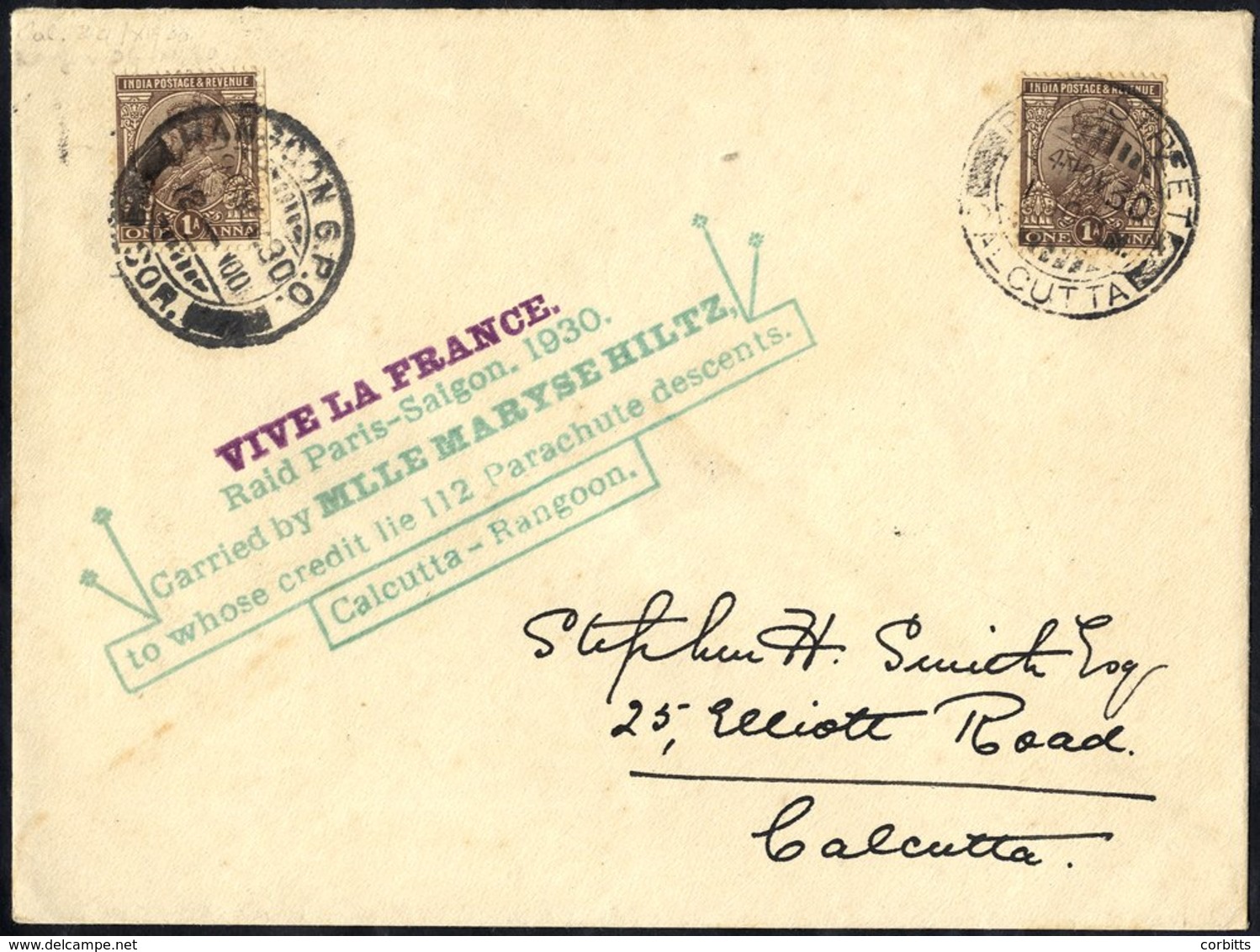 1930 Nov 4th Flown Cover Paris To Saigon On The Calcutta To Rangoon Stage Carried By Mlle Maryse Hiltz, With Large Cache - Sonstige & Ohne Zuordnung